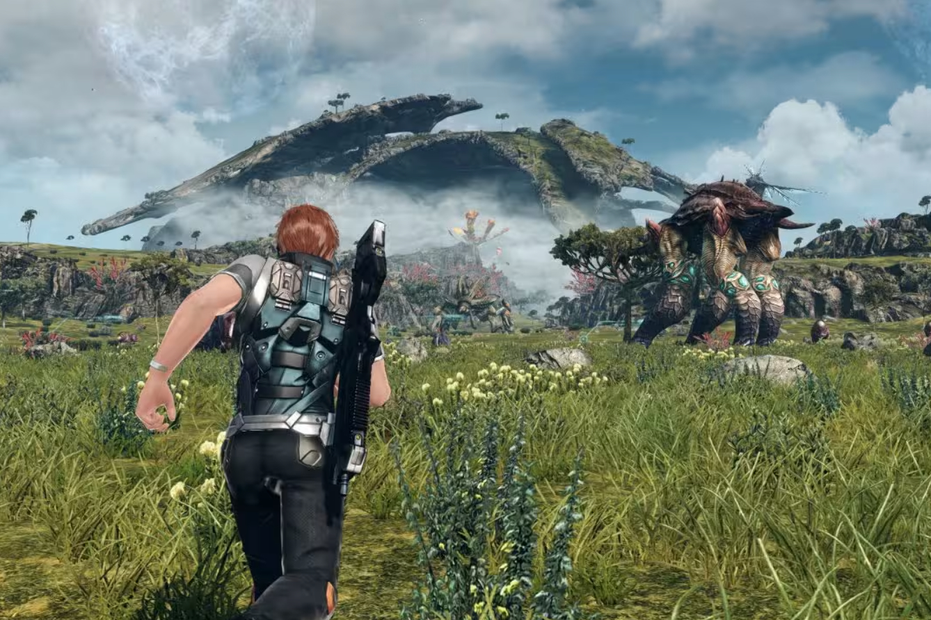 An image showing Xenoblade Chronicles X: Definitive Edition running on the Switch 2. The camera angle is set on the shoulder of a game character who is overlooking a field.