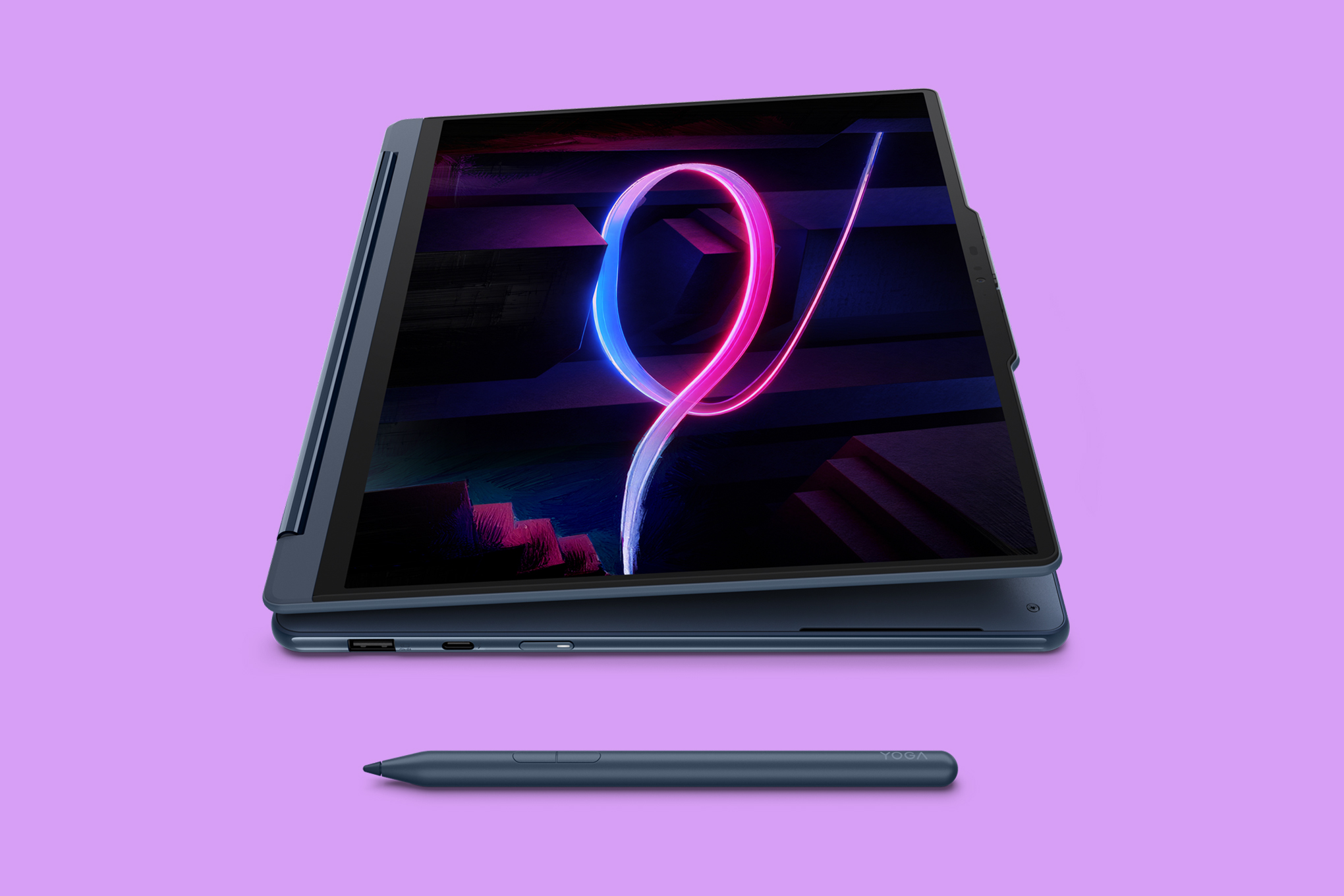 A 14-inch Lenovo Yoga 9i 2-in-1 laptop in “canvas mode” with its screen folded back on itself and elevated at an angle. A stylus is resting beside it.