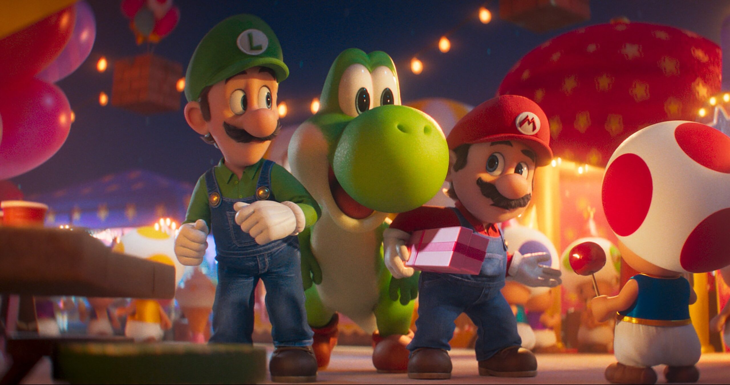 Two humans wearing overalls and hits. Standing with the humans is a green dinosaur, and all three of them are speaking to an anthropomorphized mushroom.