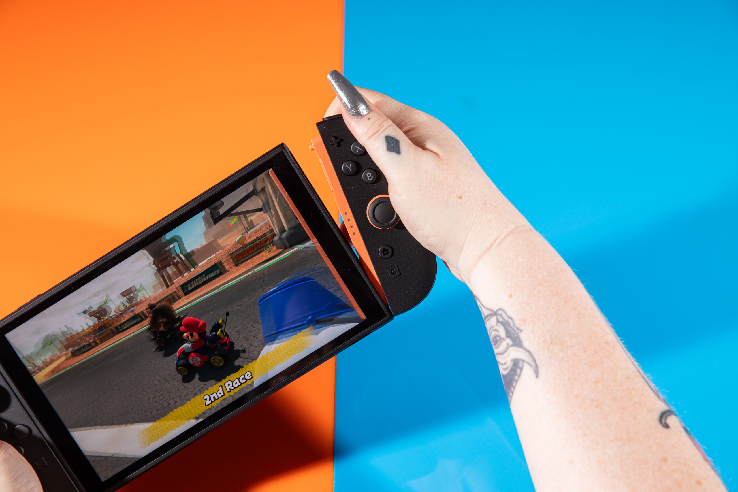 A photo of Mario Kart World running on a Nintendo Switch 2 in handheld mode.