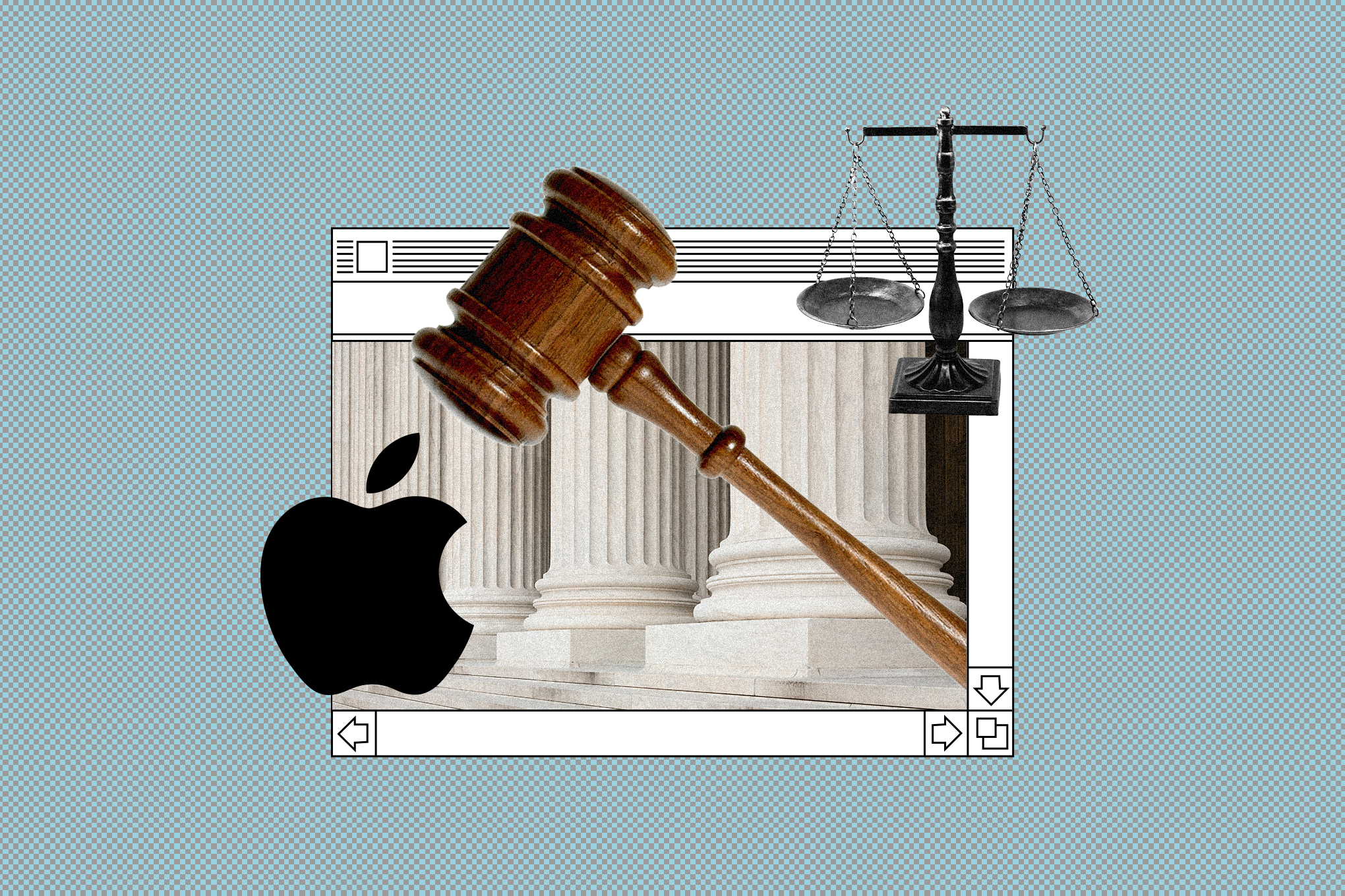 Gavel, justice scales, and Apple logo coming out of an Apple desktop window.