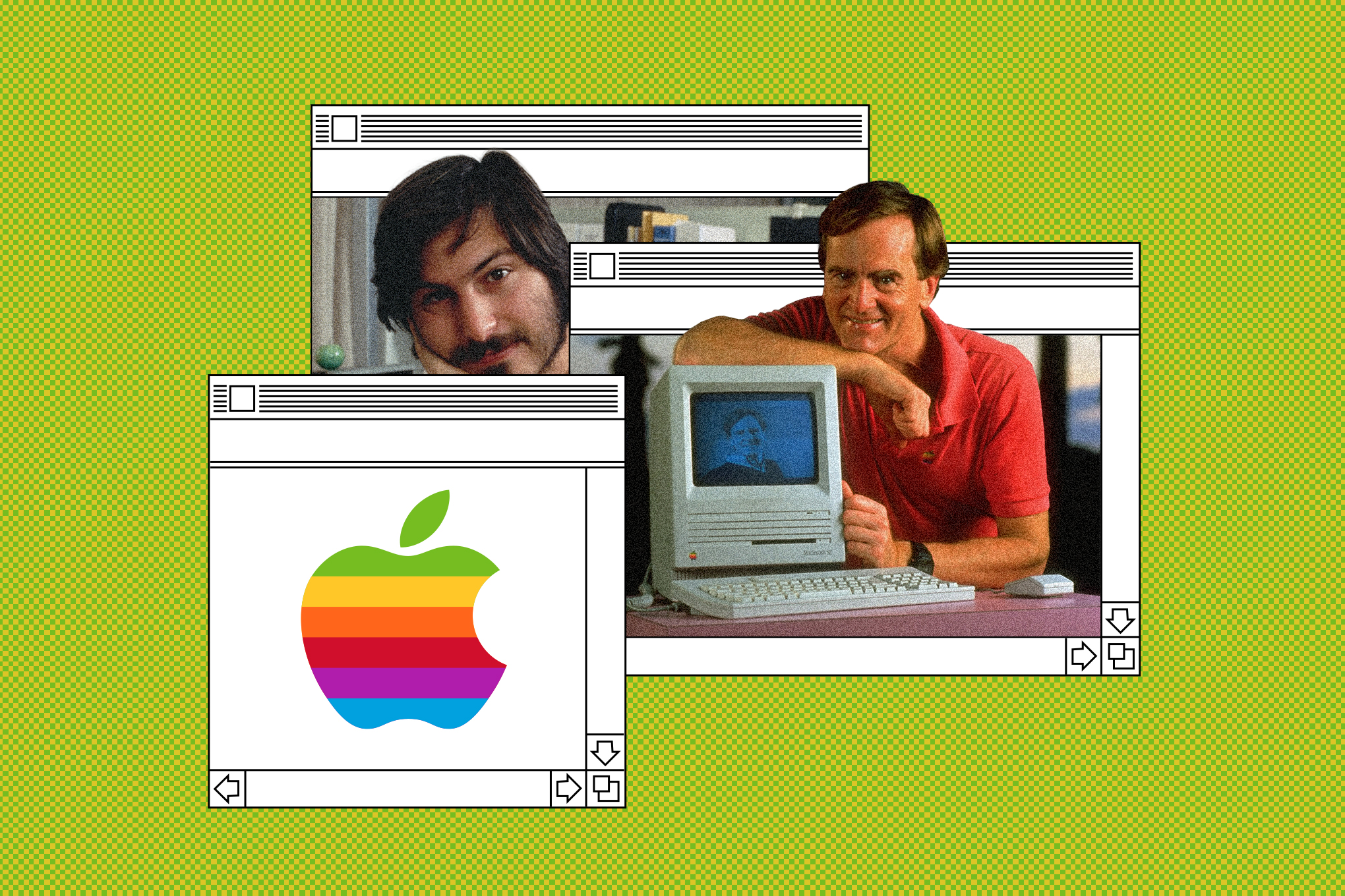Images of John Sculley, Steve Jobs, and the 1980’s Apple logo.