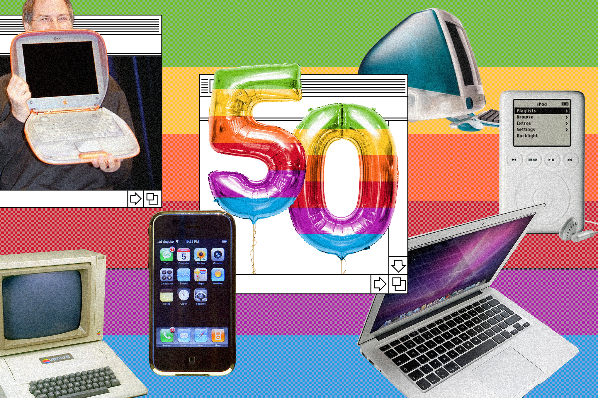 Mylar “50” balloons in rainbow colors surrounded by various Apple products from throughout the years.
