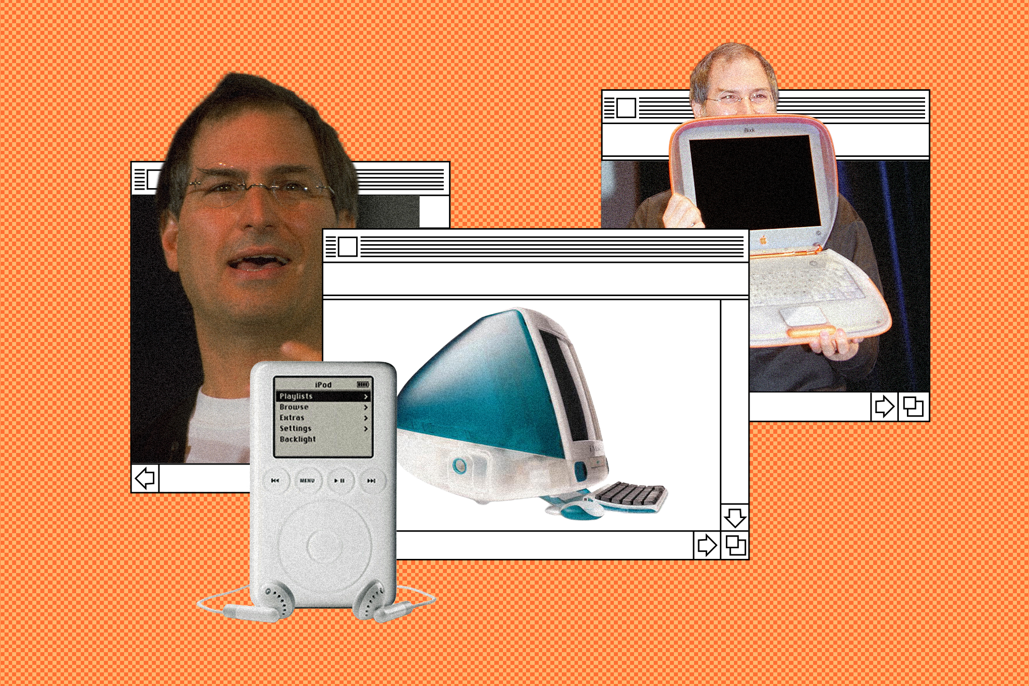 Images of Steve Jobs with an iBook, iPod, and iMac.