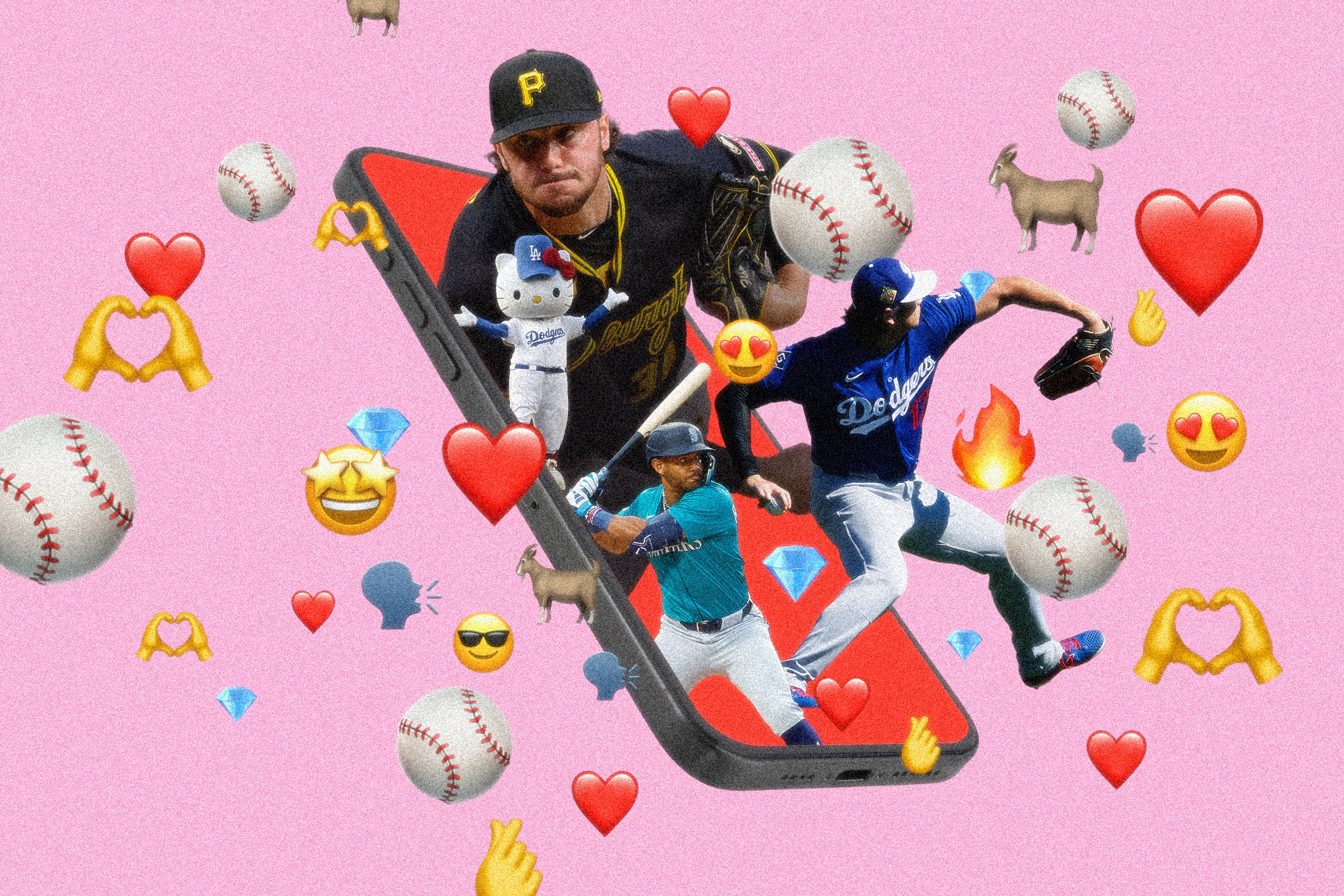 A collage of baseball love on pink coming out of a phone with hearts and emojis