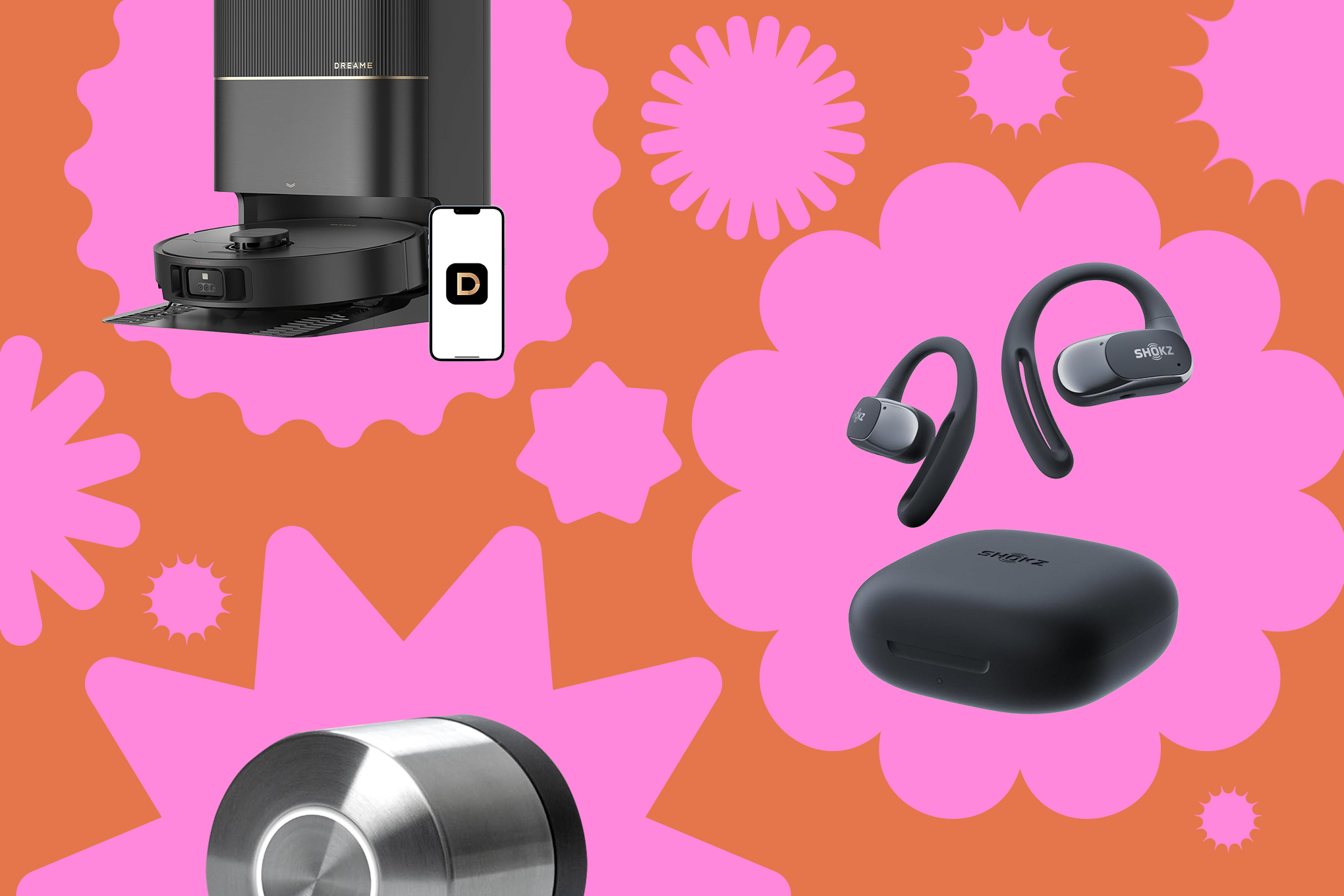 A collage of pink shapes on a red background, with some consumer tech products in the foreground. The products include a Dreame robot vacuum and Shokz OpenFit earbuds.