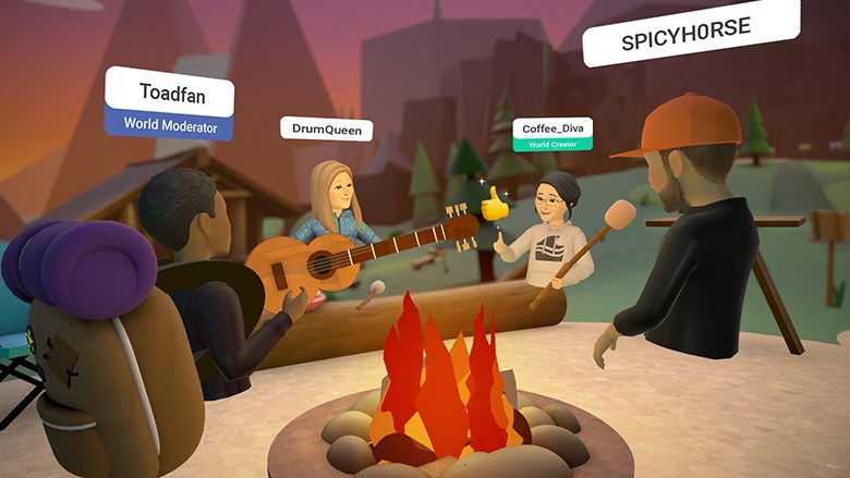 Some Horizon Worlds avatars hanging out around a virtual campfire.