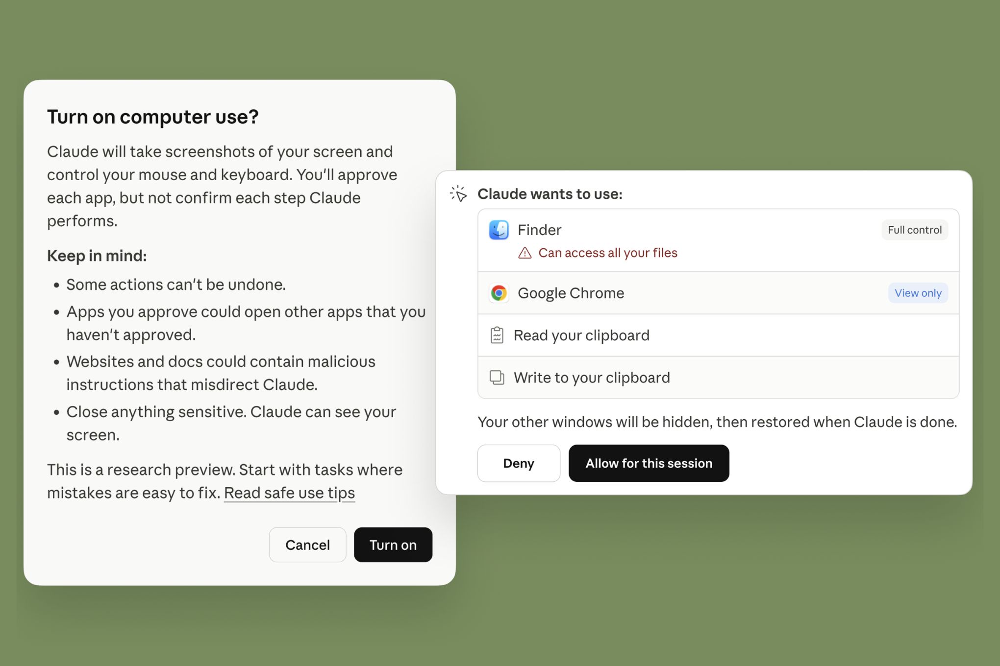 A screenshot of the warning message that appears in Claude before allowing the AI chatbot to control your computer.