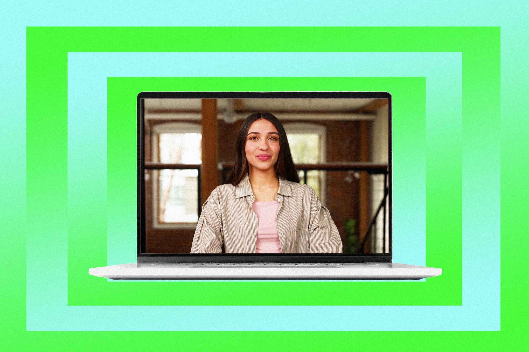 Computer in center with an AI avatar designed as a woman is onscreen