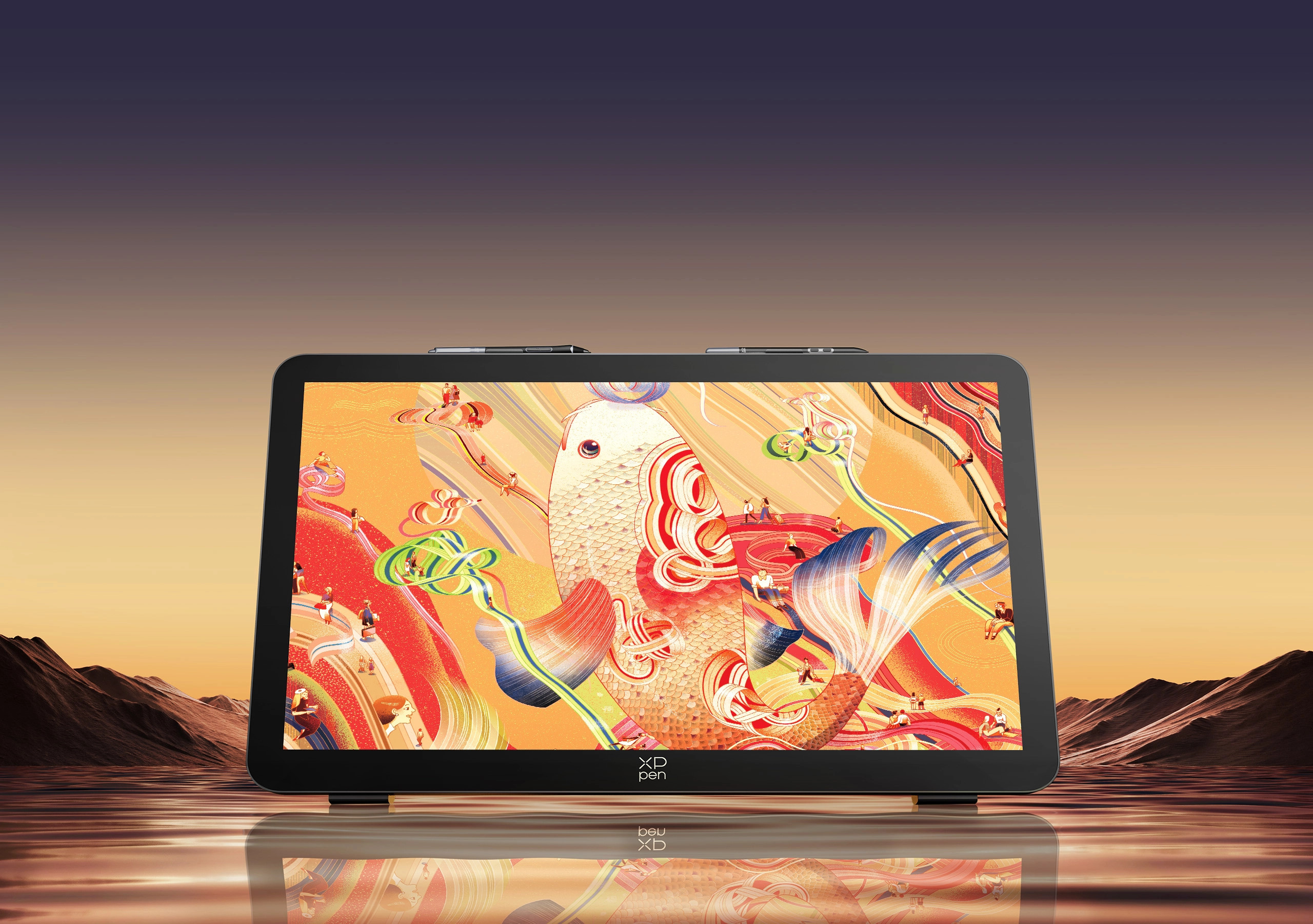 The XP-Pen Artist Pro 27 display tablet against a sunset backdrop.