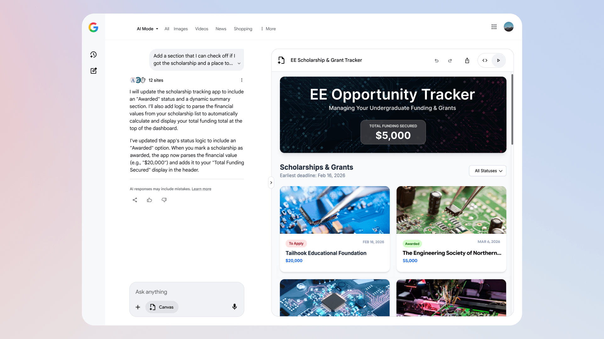 An image showing Canvas in AI Mode