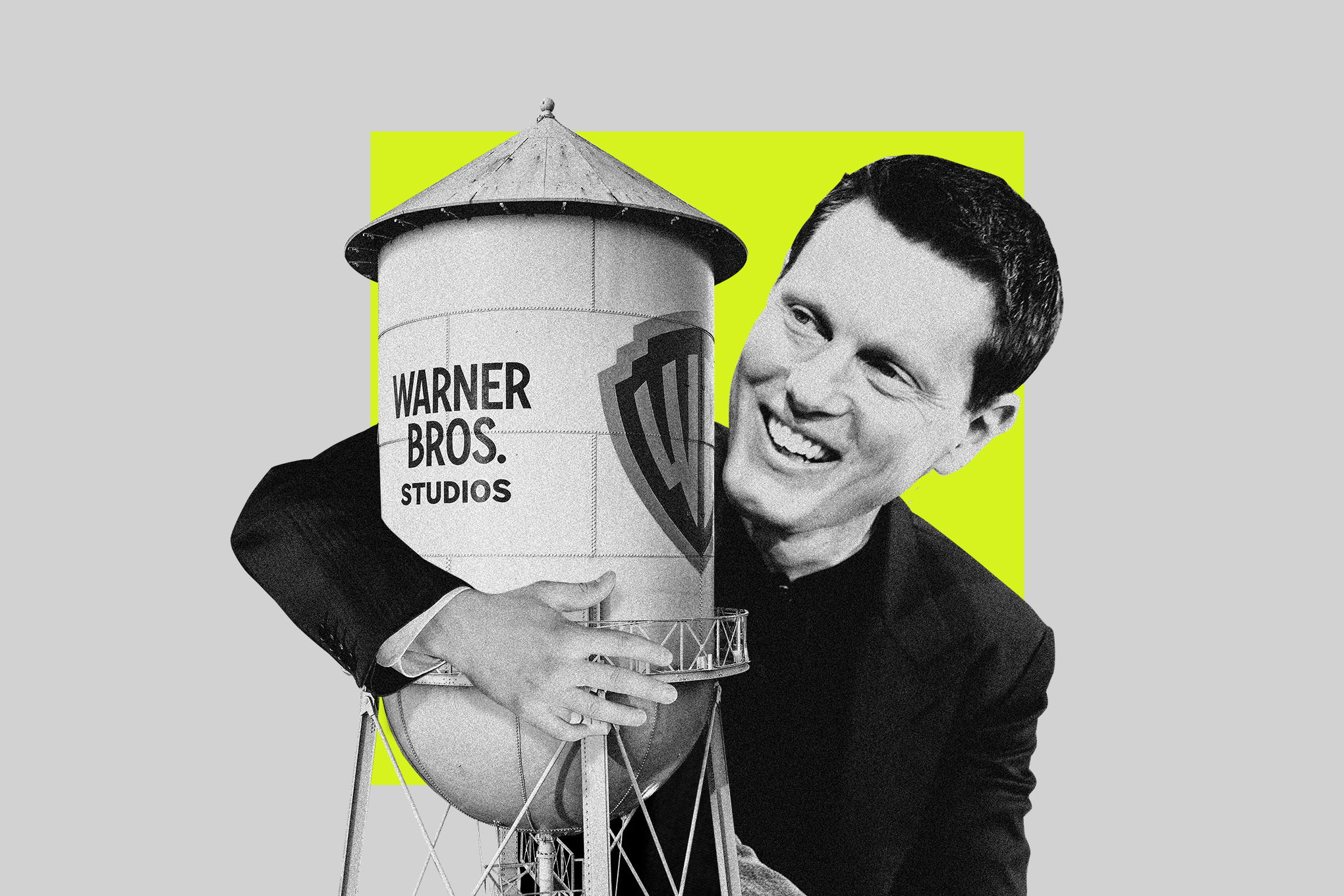 A photo illustration of Paramount head David Ellison hugging a Warner Bros. water tower.