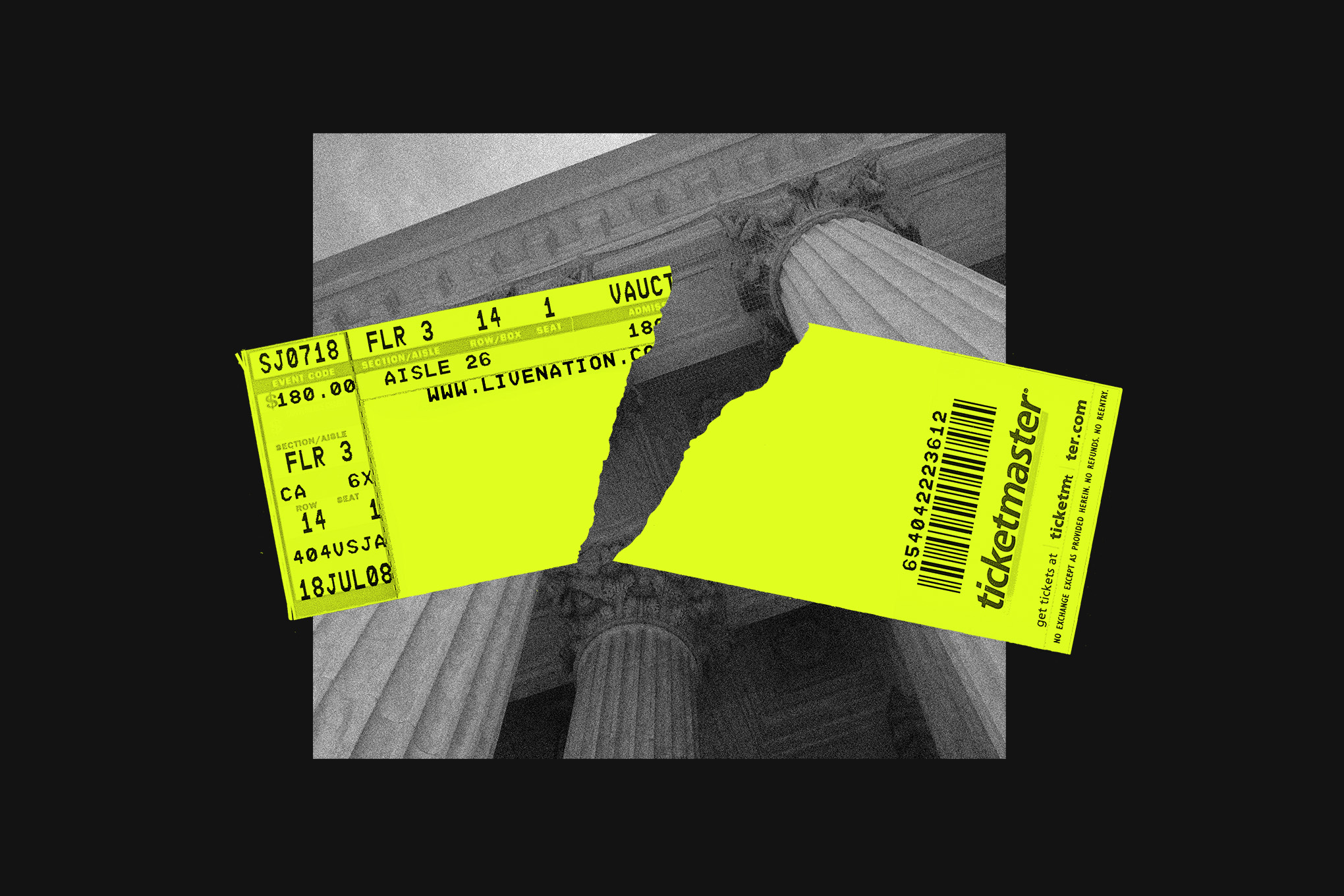 A photo illustration of a Ticketmaster ticket stub ripped in half.