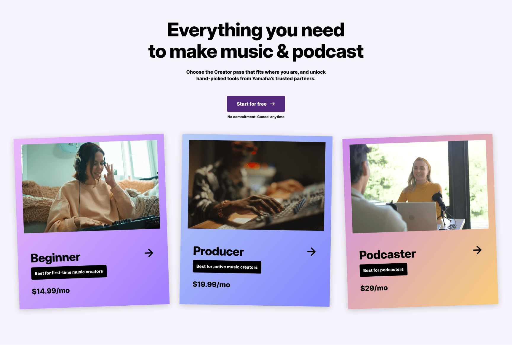 Yamaha Creator Pass options, for Beginner, Producer, and Podcaster.