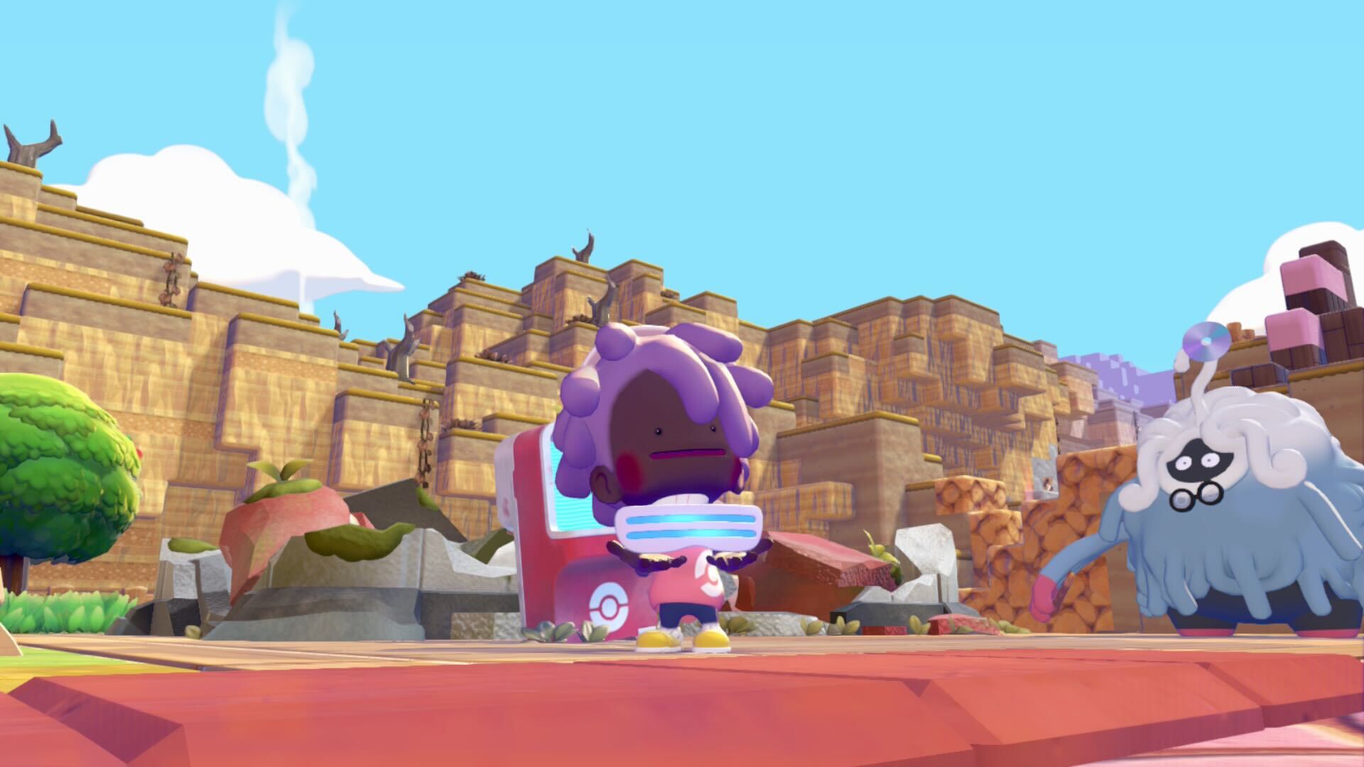 A Pokémon Pokopia screeenshot depicting a Ditto transformed into a human holding a pair of VR glasses. Next to the Ditto is a Tangrowth, and behind the pokémon is a rock face.