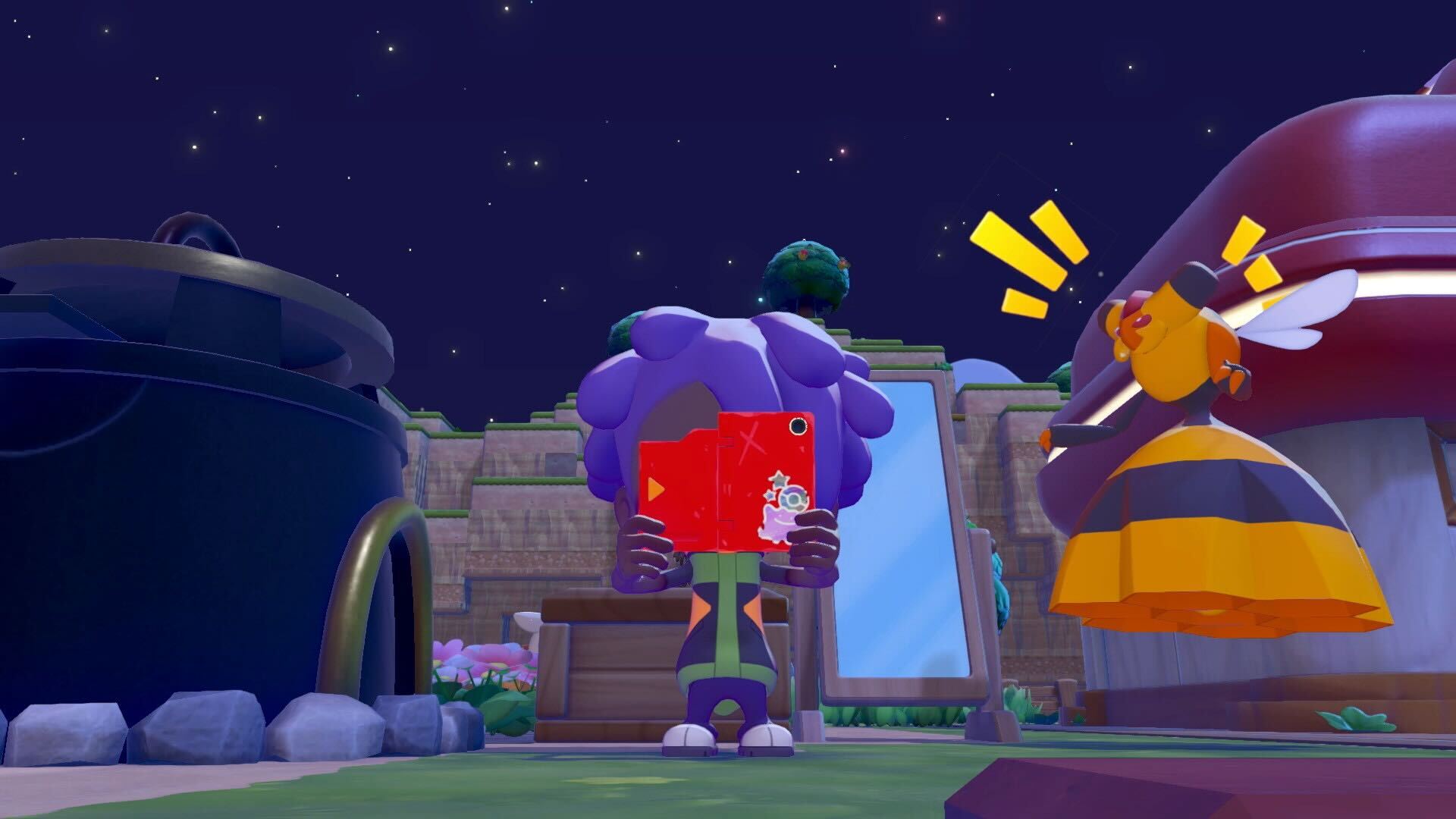 A Pokémon Pokopia screenshot depicting a Ditto disguised as a human holding a Pokédex.