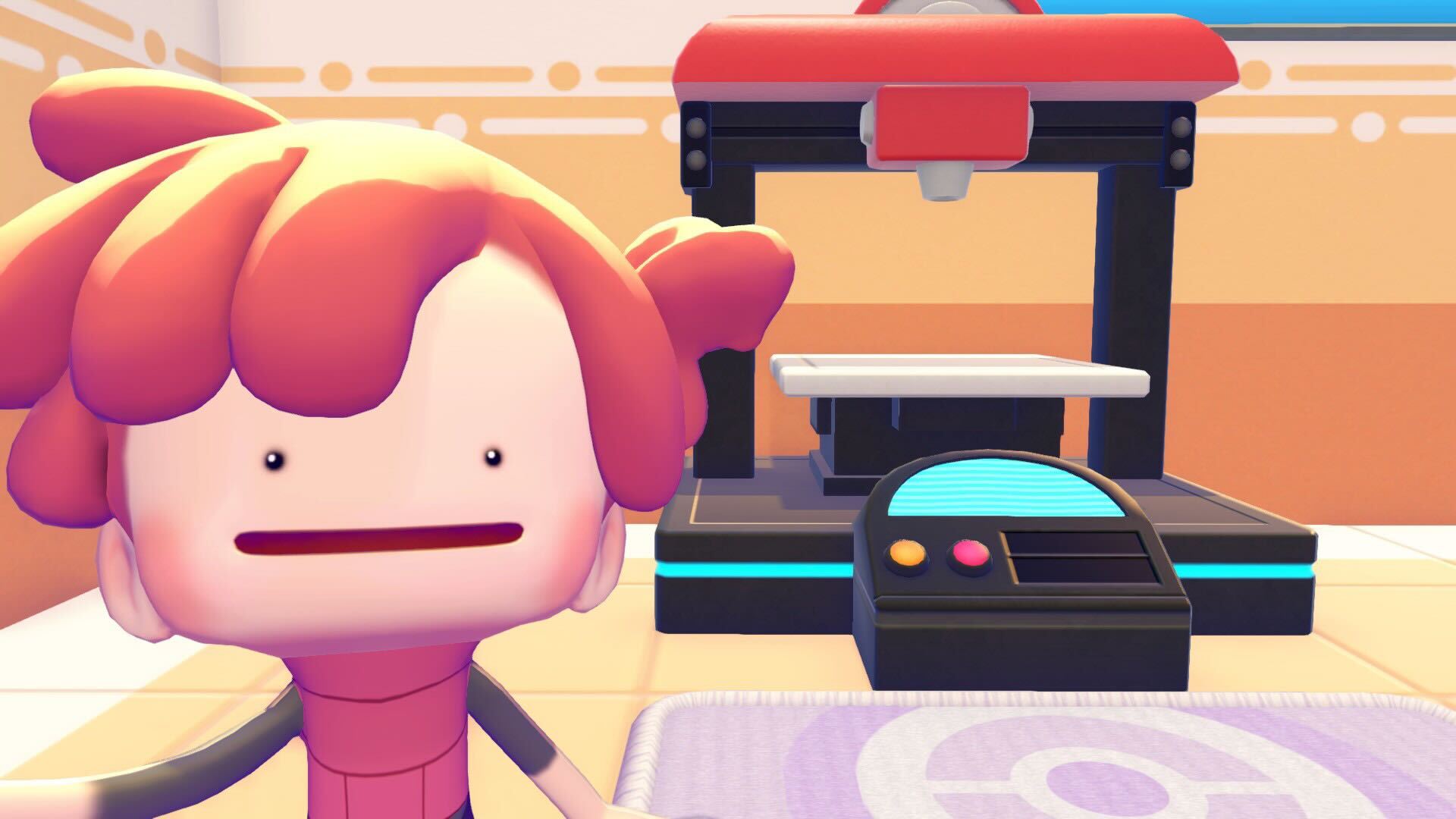 A screenshot from Pokopia in which Ditto, the protagonist who is transformed to look vaguely like a human, is taking a selfie with a 3D printer.