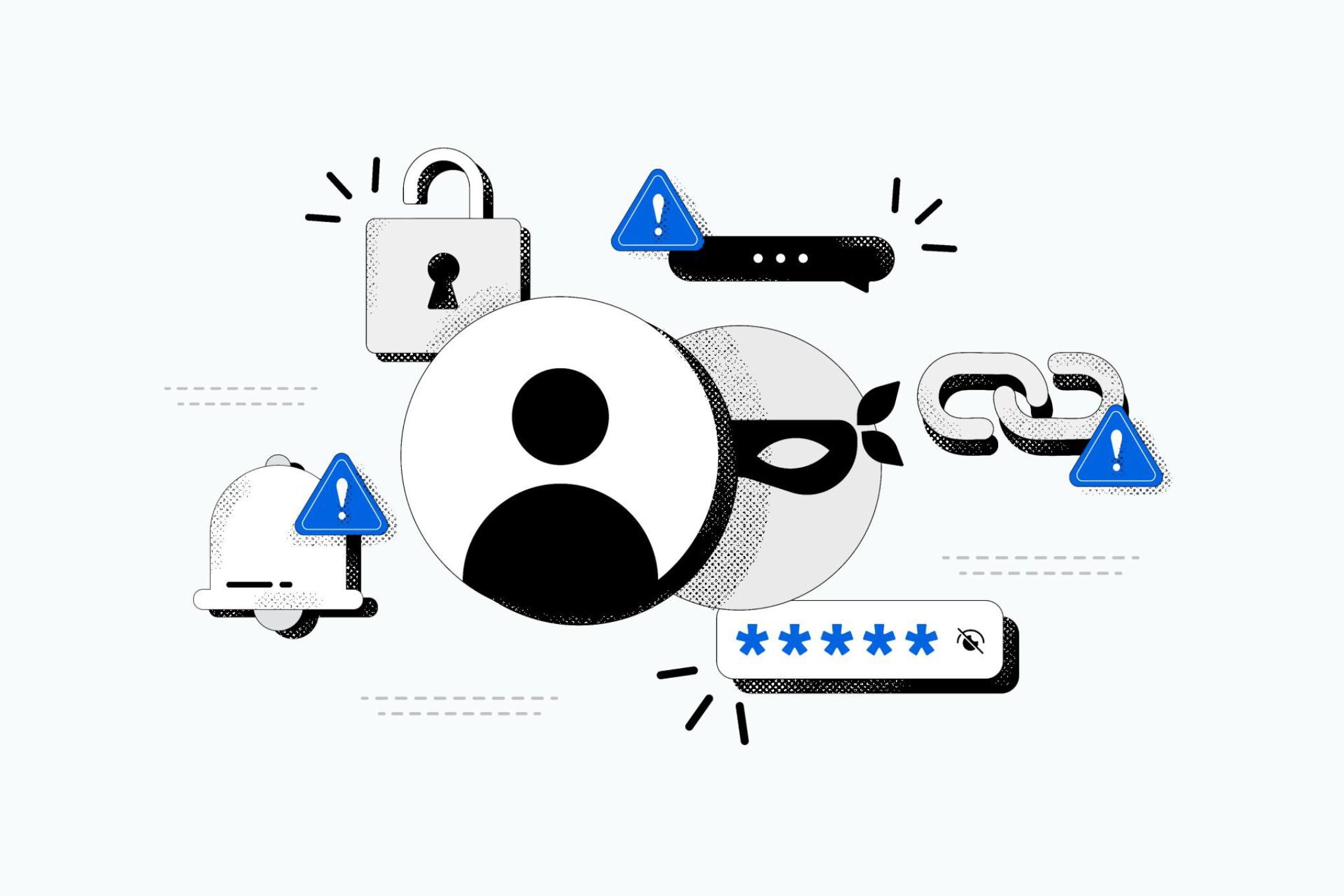 An illustration of various security-themed objects against a blue background.