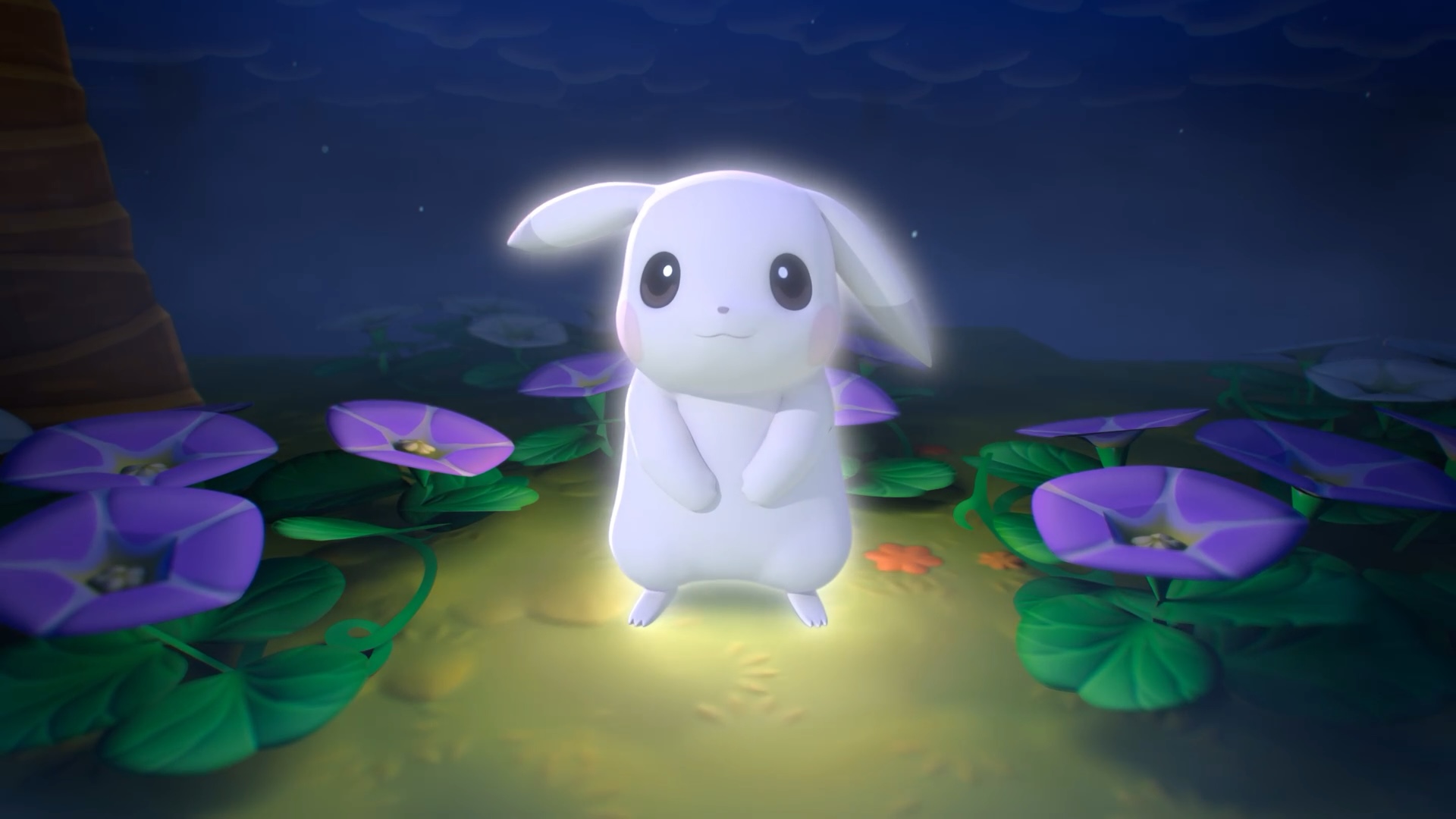 A Pokémon Pokopia screenshot depicting a pale Pikachu surrounded by flowers.