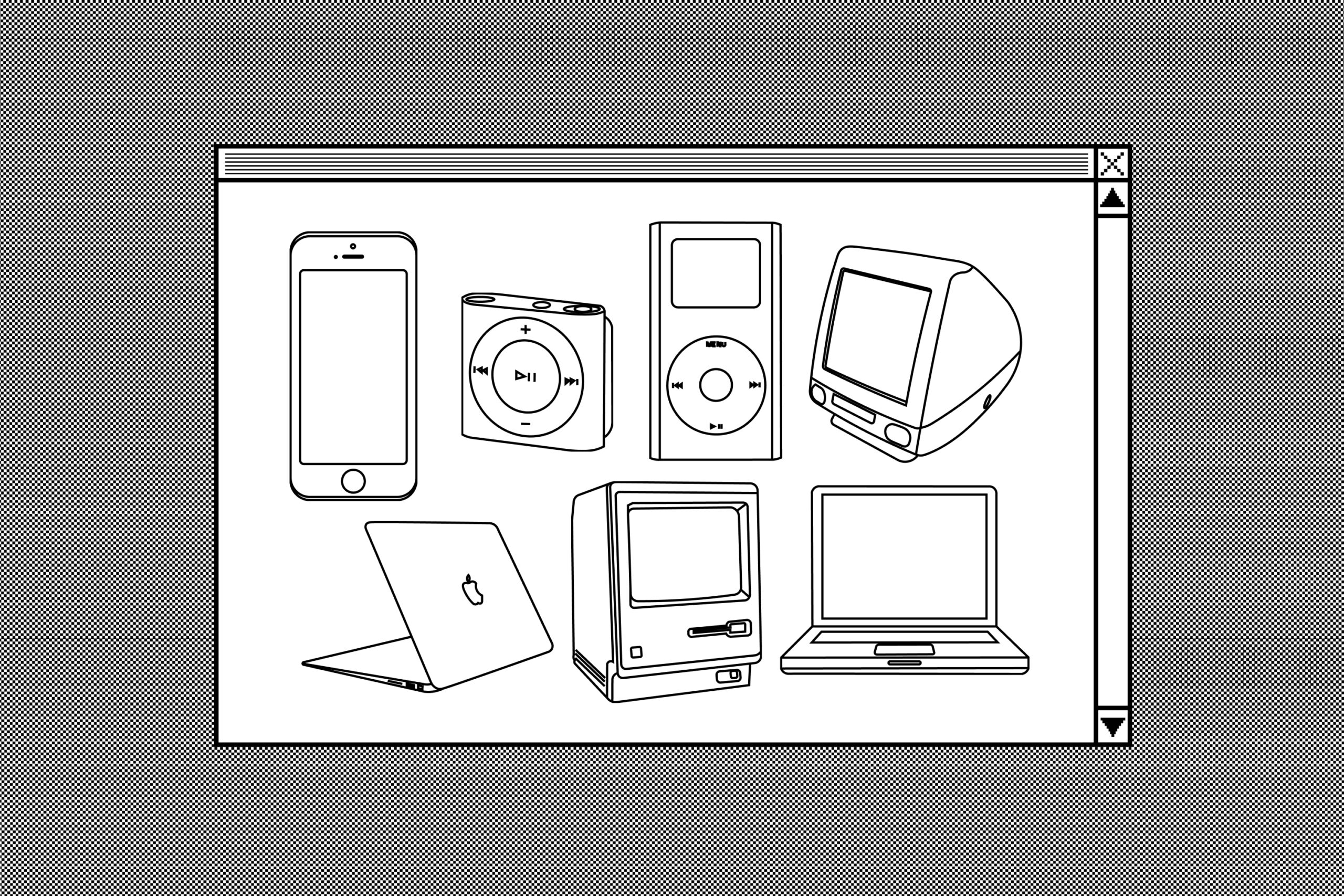 Black-and-white illustrations of various Apple products, including an iPhone, iPod Shuffle, iMac, and MacBook.
