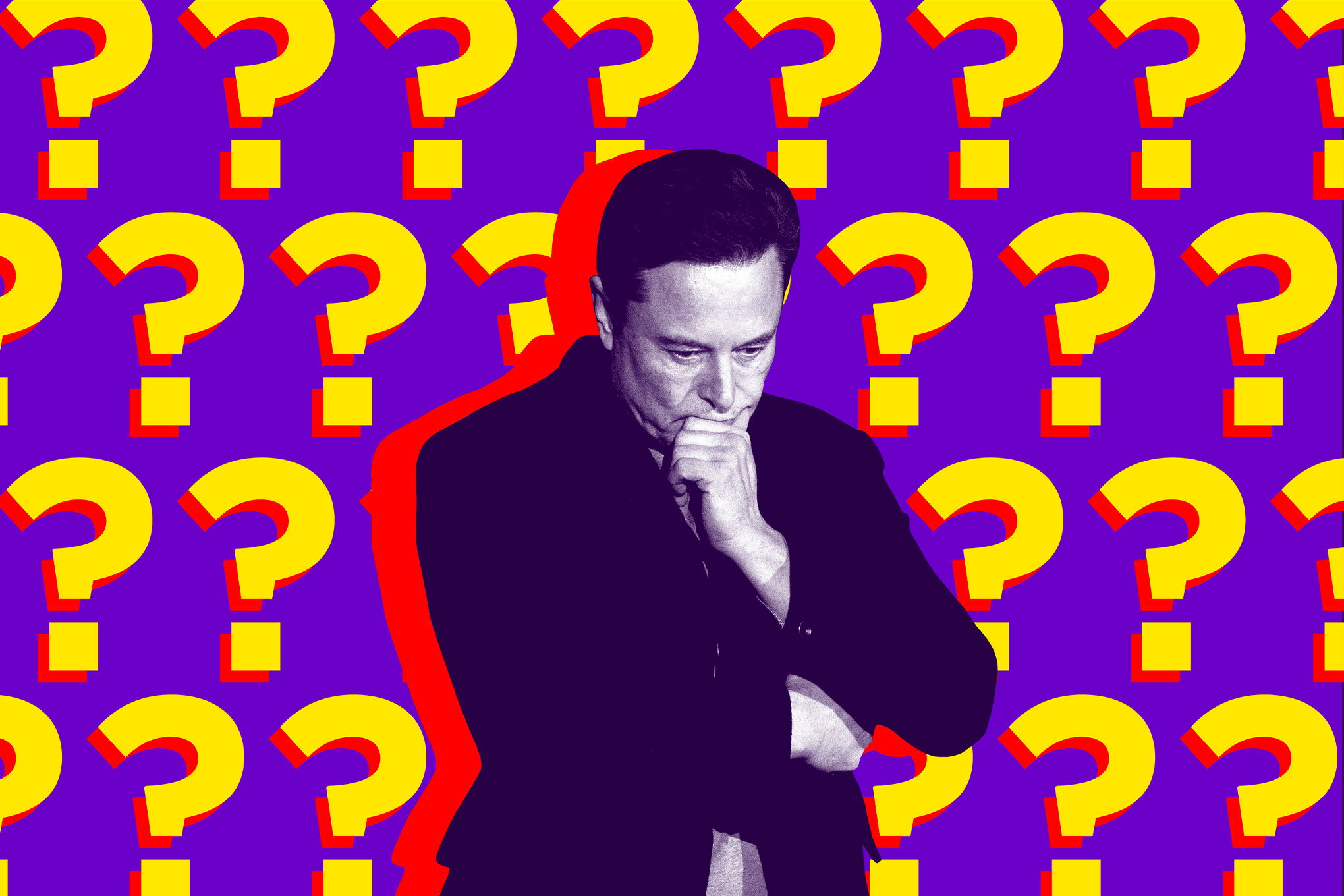 Elon Musk looking confused over a bunch of question marks.
