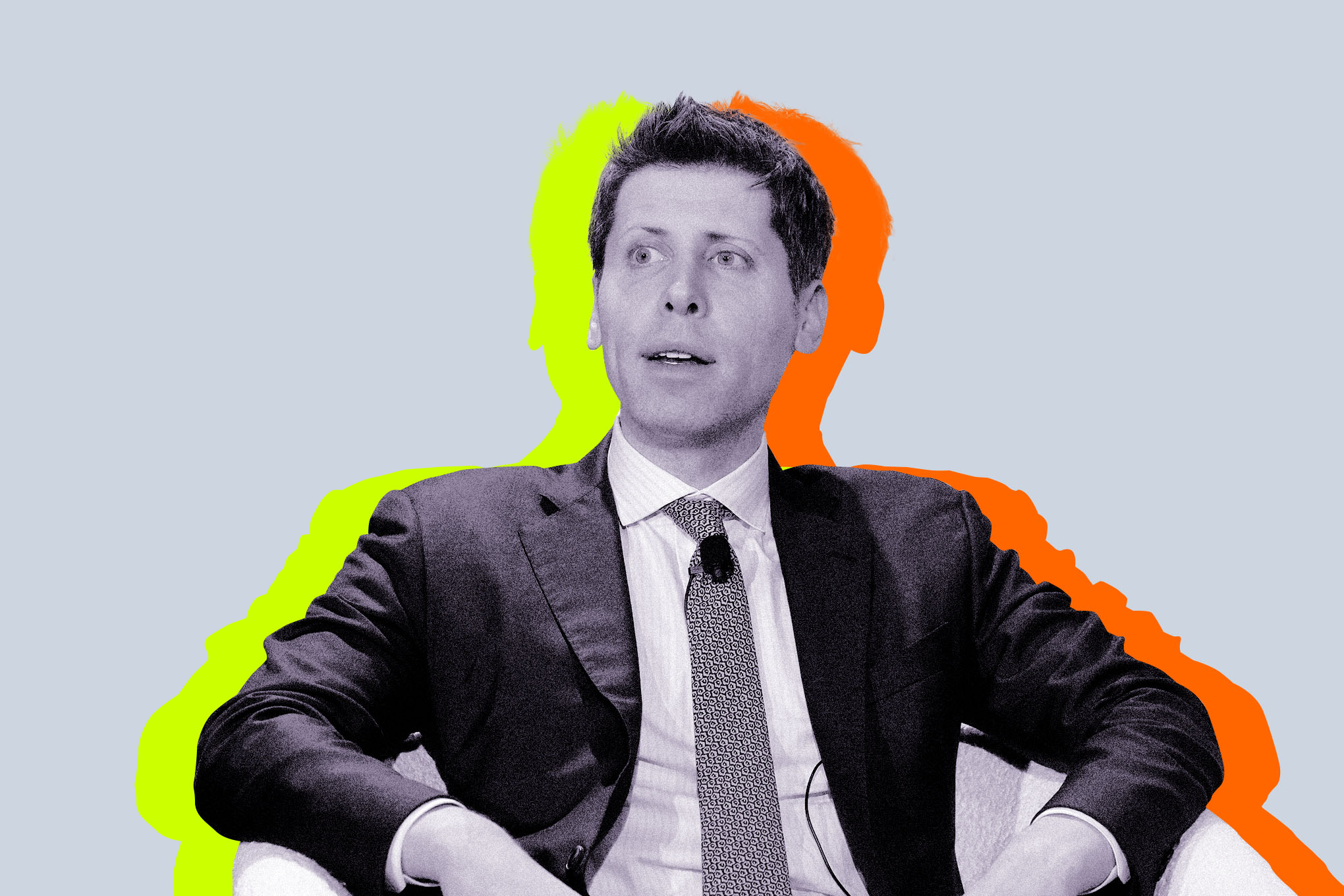 Stylized image of OpenAI CEO Sam Altman, seated