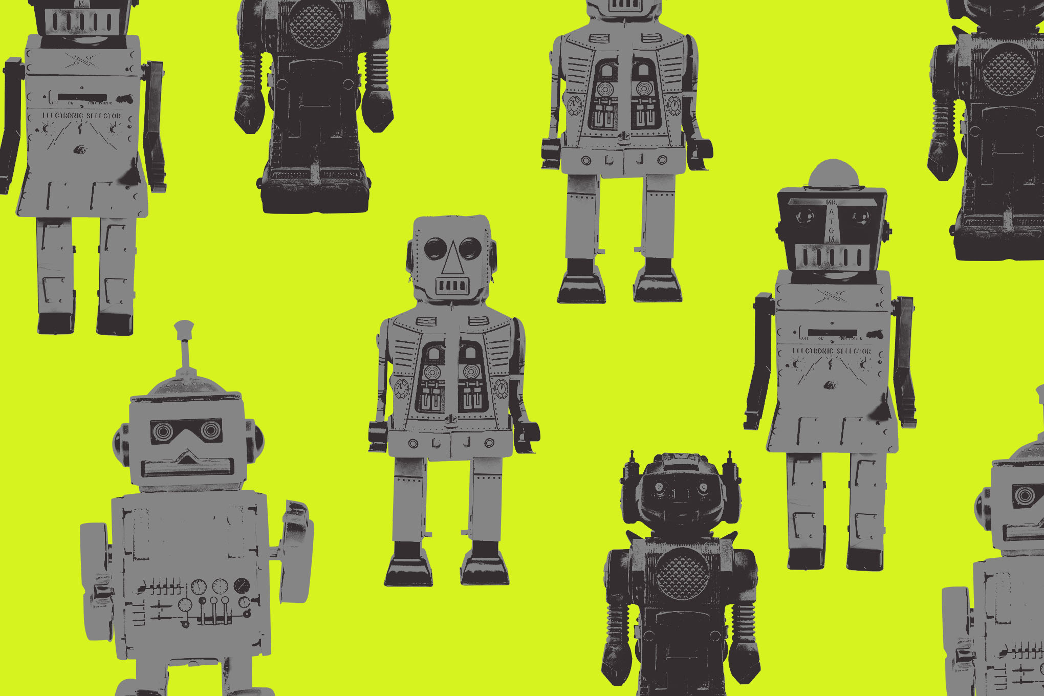 Digital collage of various toy robots.