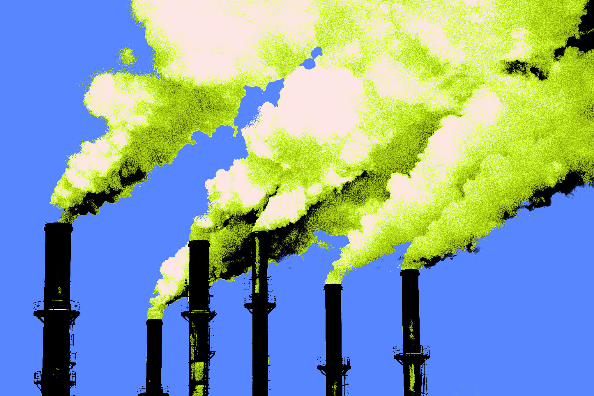 Art depicts pollution coming out of smokestacks.
