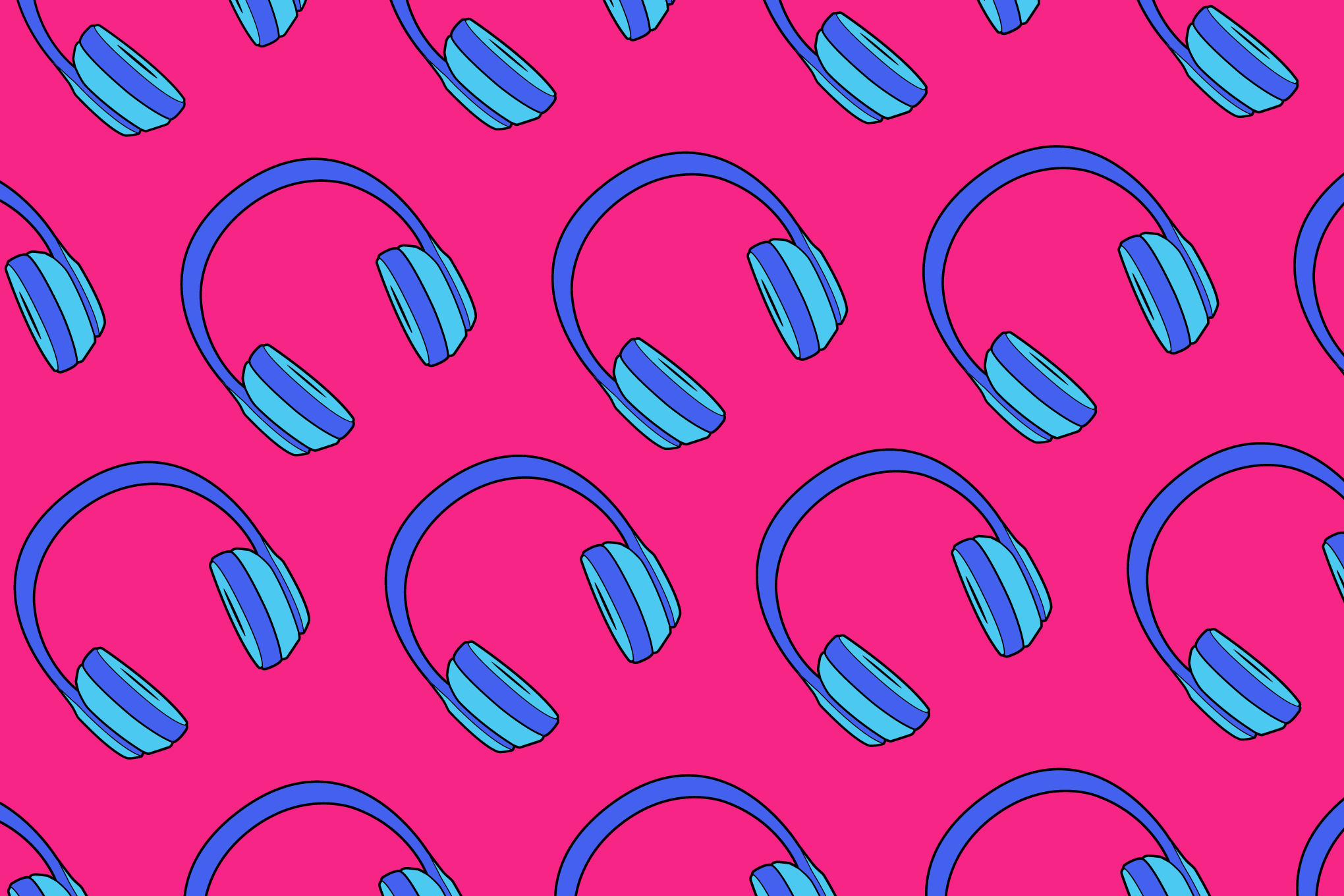Rows of blue headphones floating diagonally against a pink background.