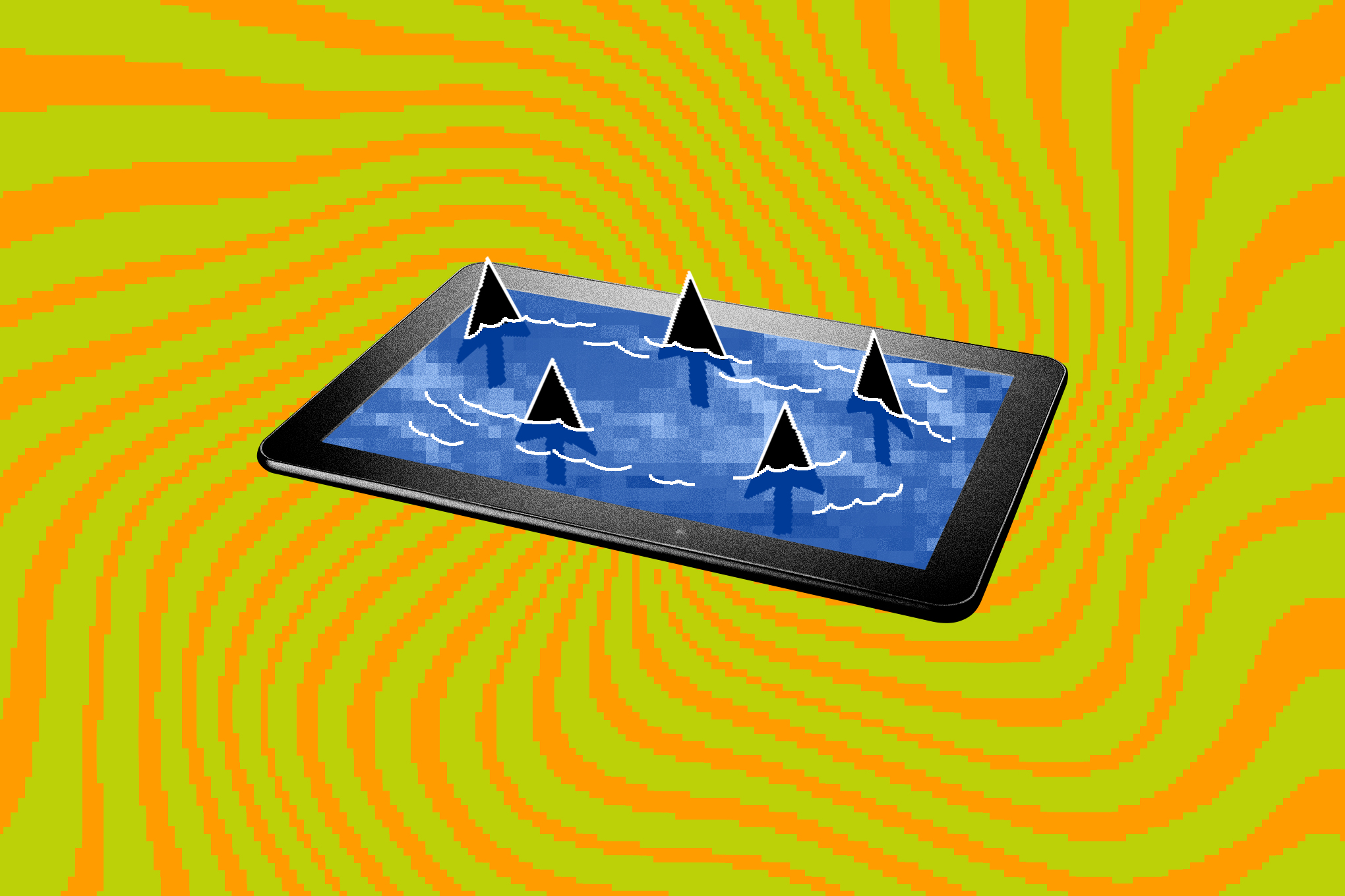 A tablet with cursor arrows swimming on the surface like sharks.