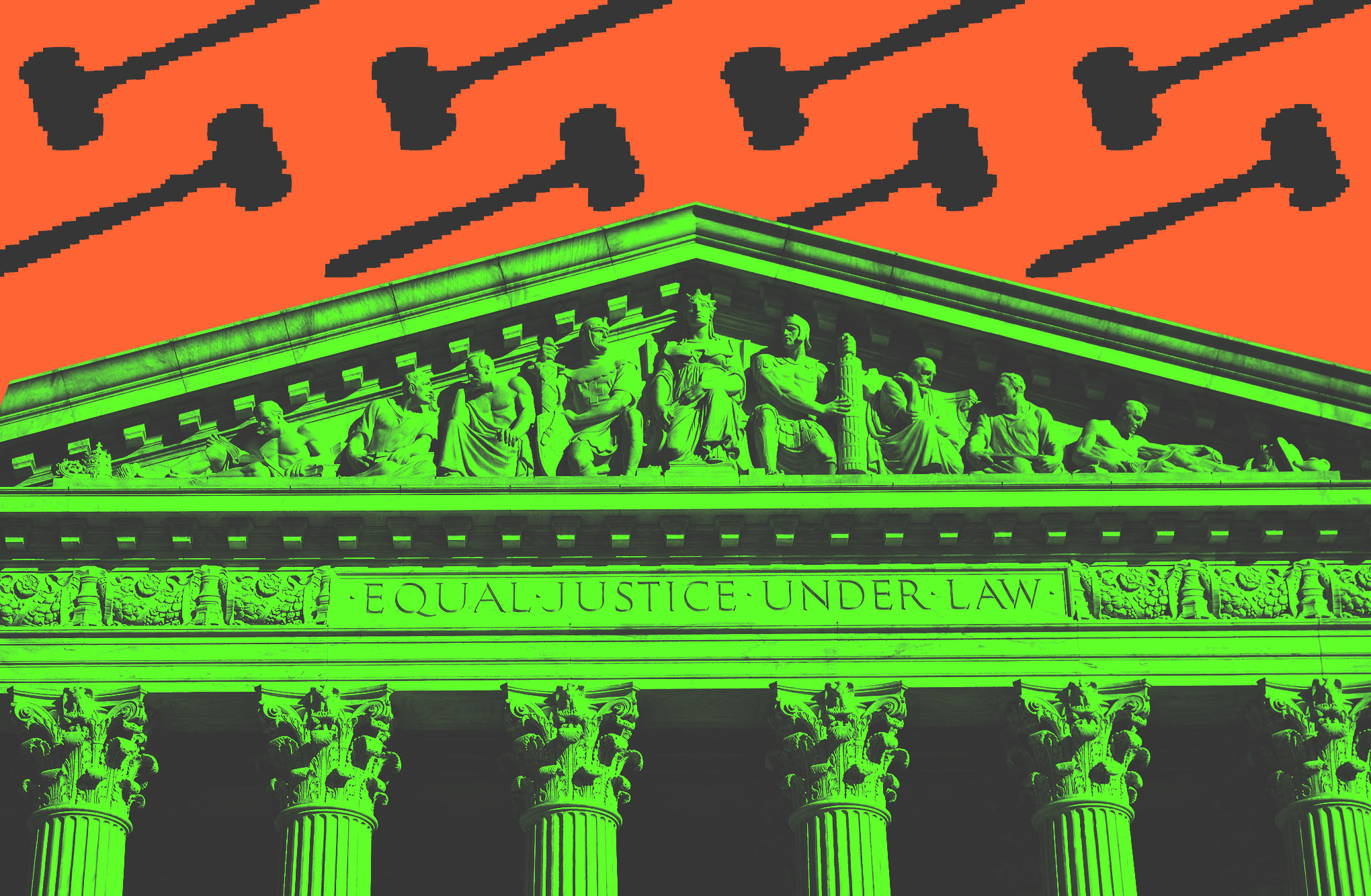 Photo illustration of the Supreme Court building with gavels behind.