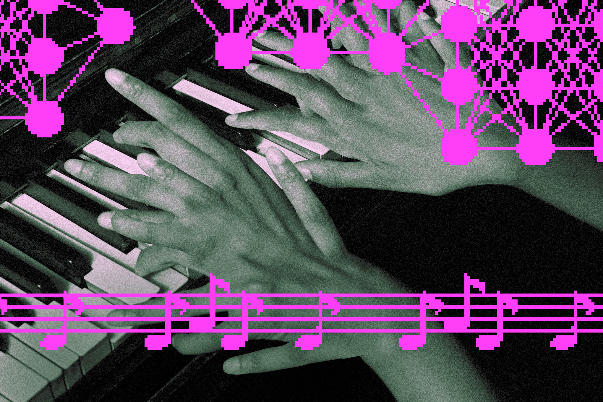 Messy AI generated hands playing a piano, overlayed with pixel art music notes.