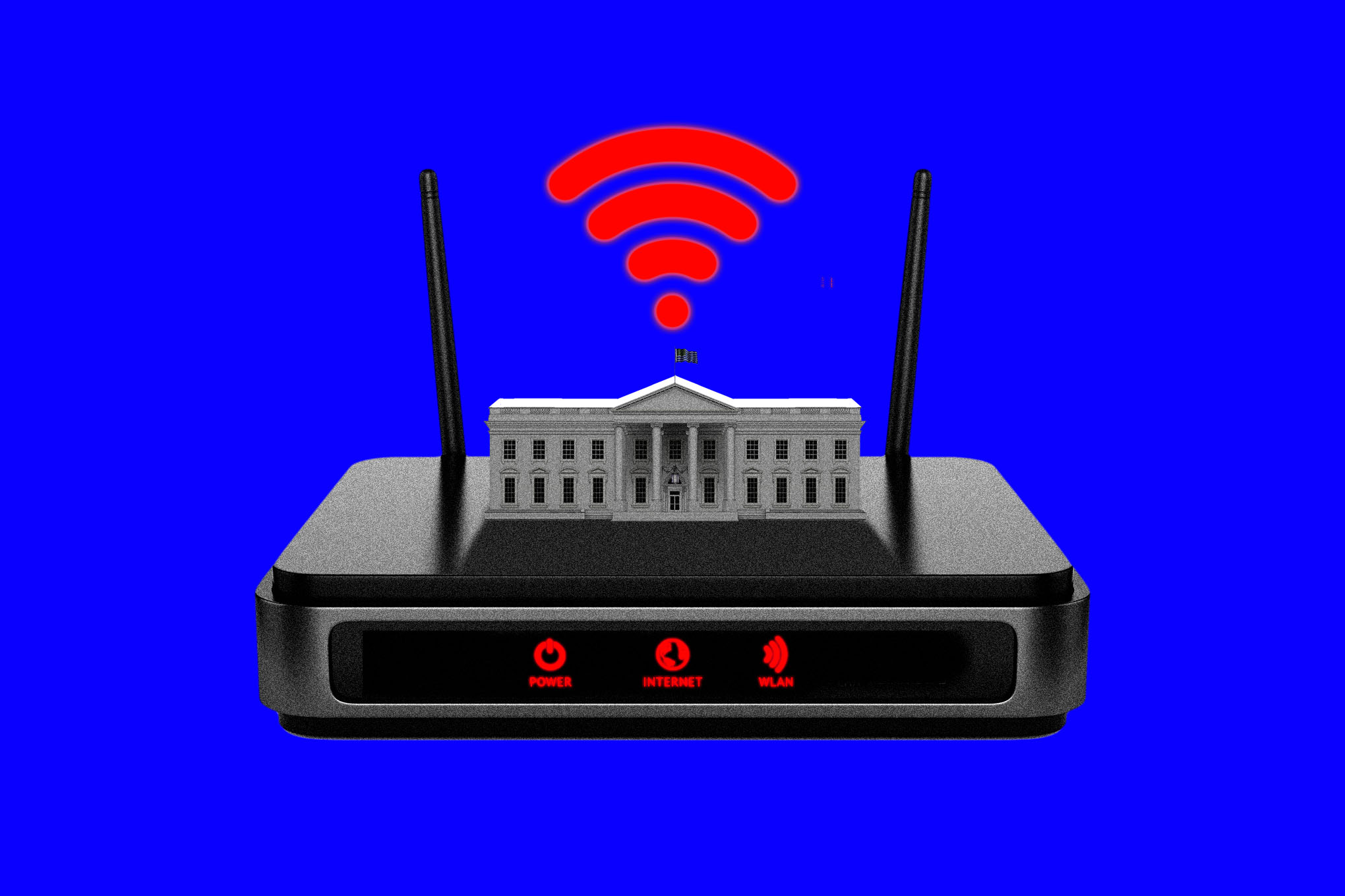 Photo illustration of the White House sitting on top of a router.