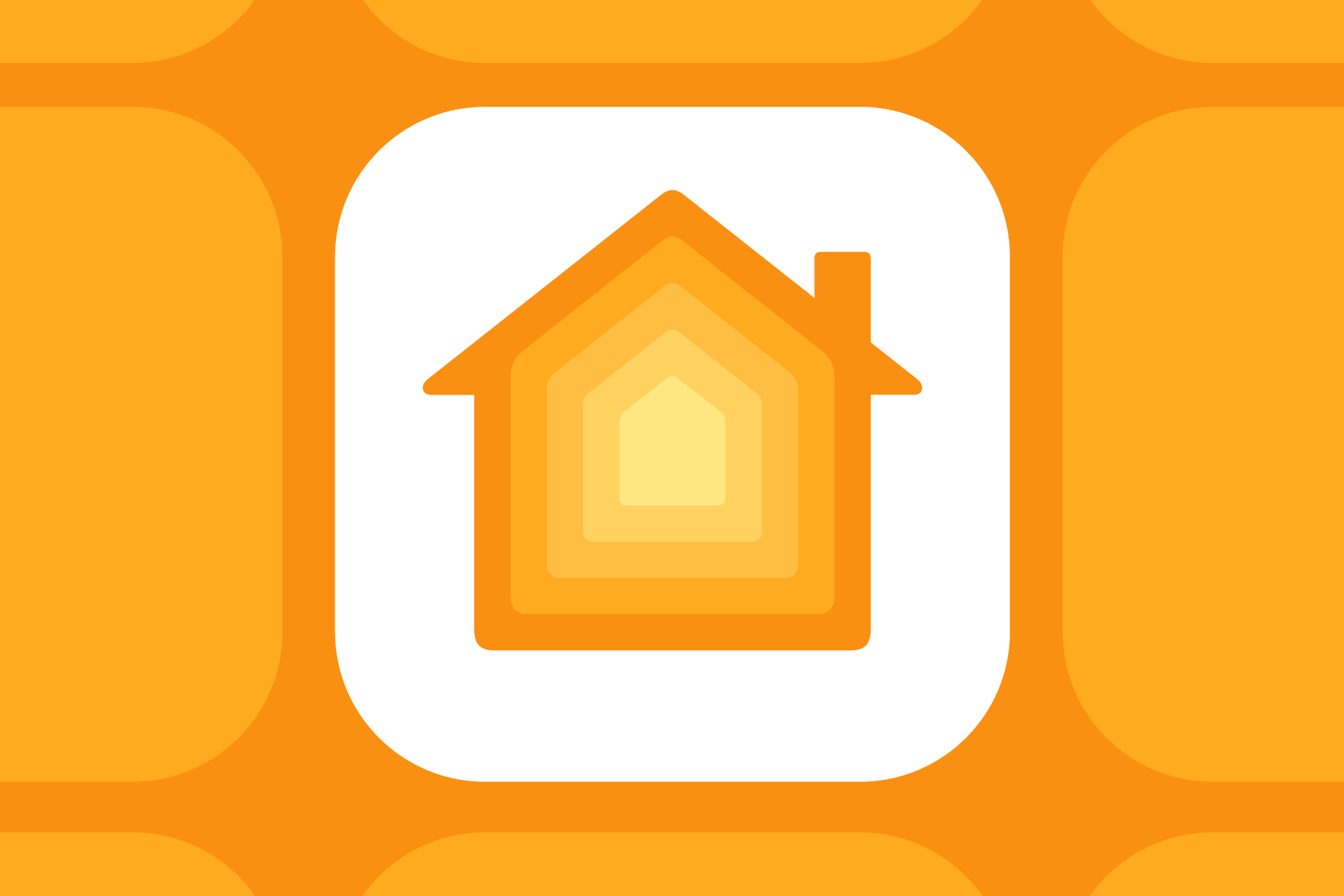 The Apple Home app icon on a graphic orange background.