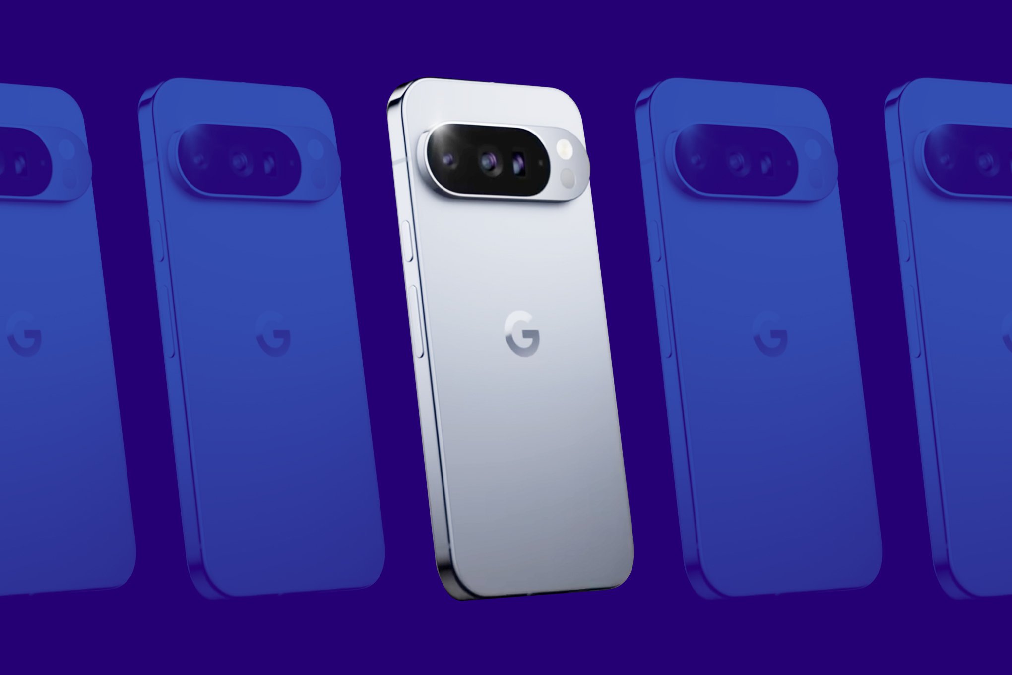 2025 Google Pixel phone on a blue background.