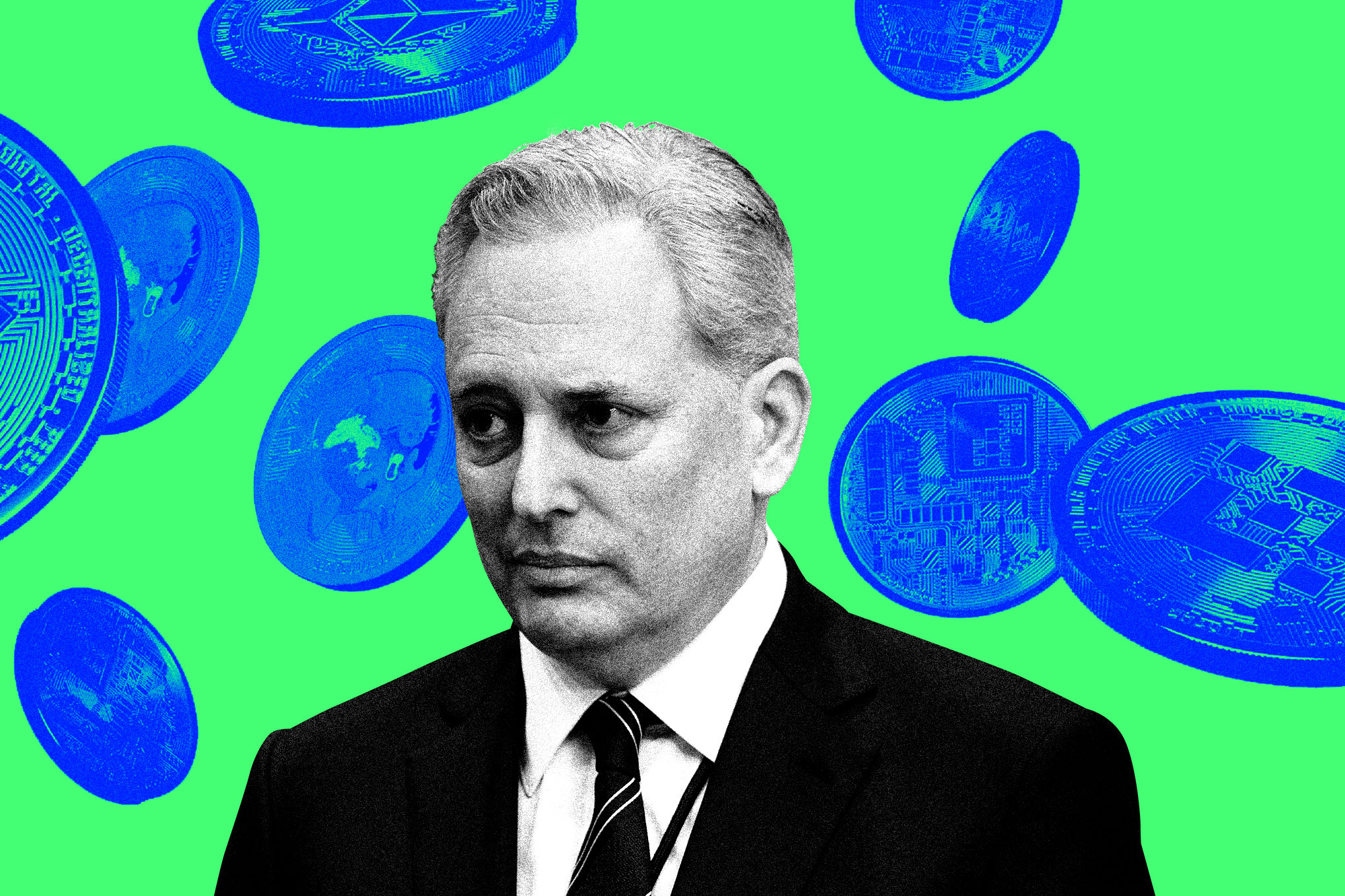 Digital photo illustration of David Sacks with crypto coins.