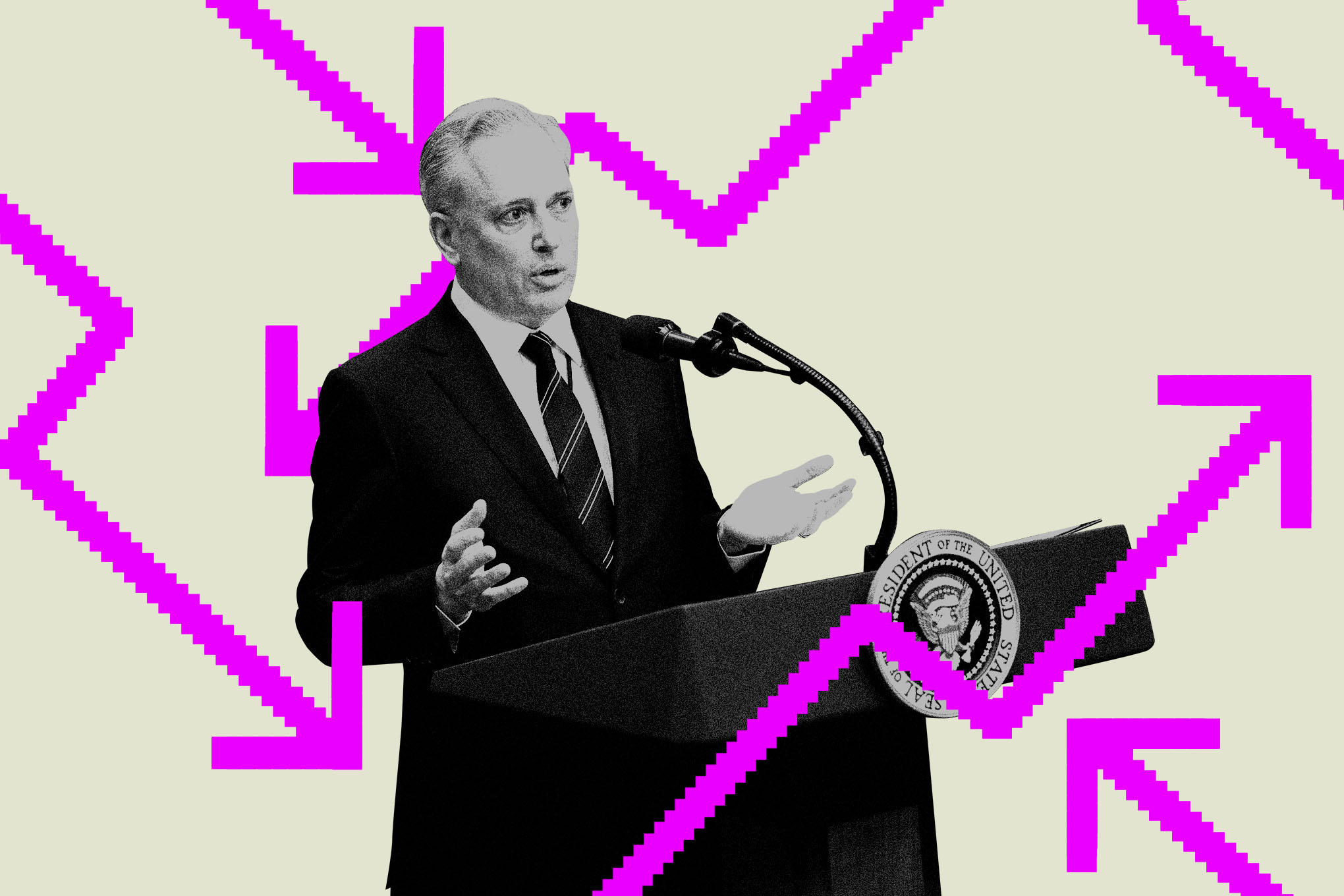 Digital photo illustration of David Sacks with up and down arrows to illustrate market trends.