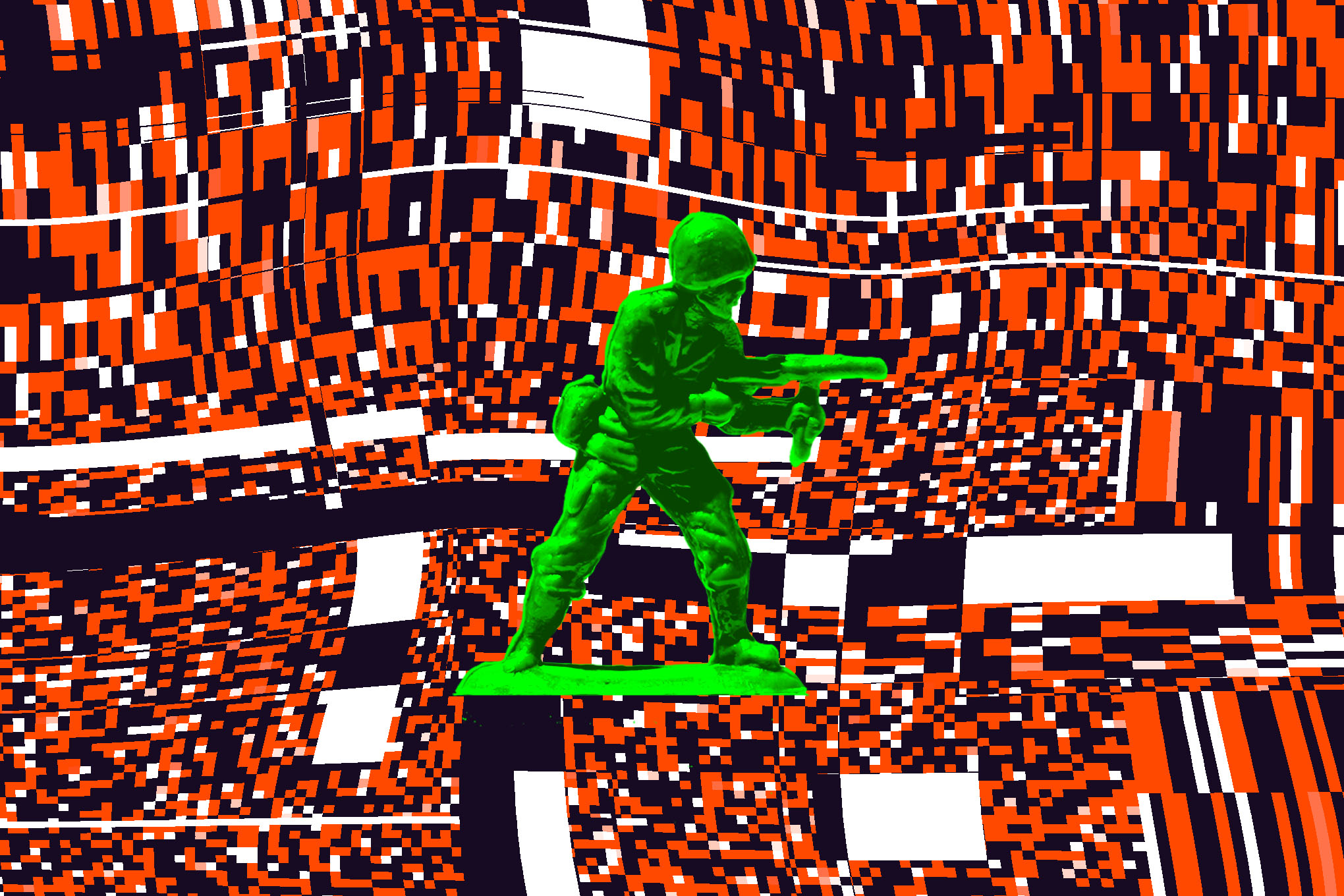 Green army soldier in front of a digital background.