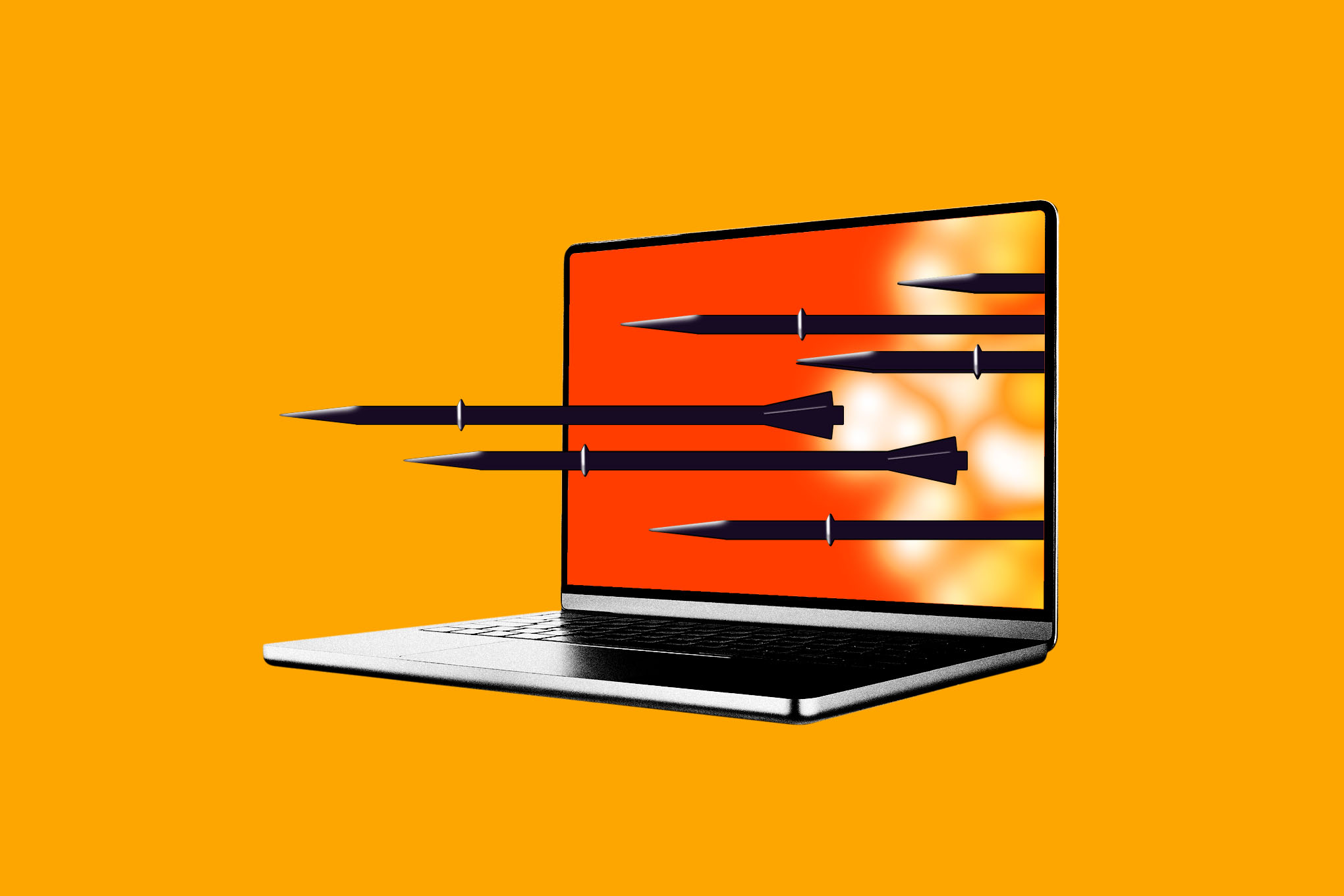 Missiles flying through a computer screen.