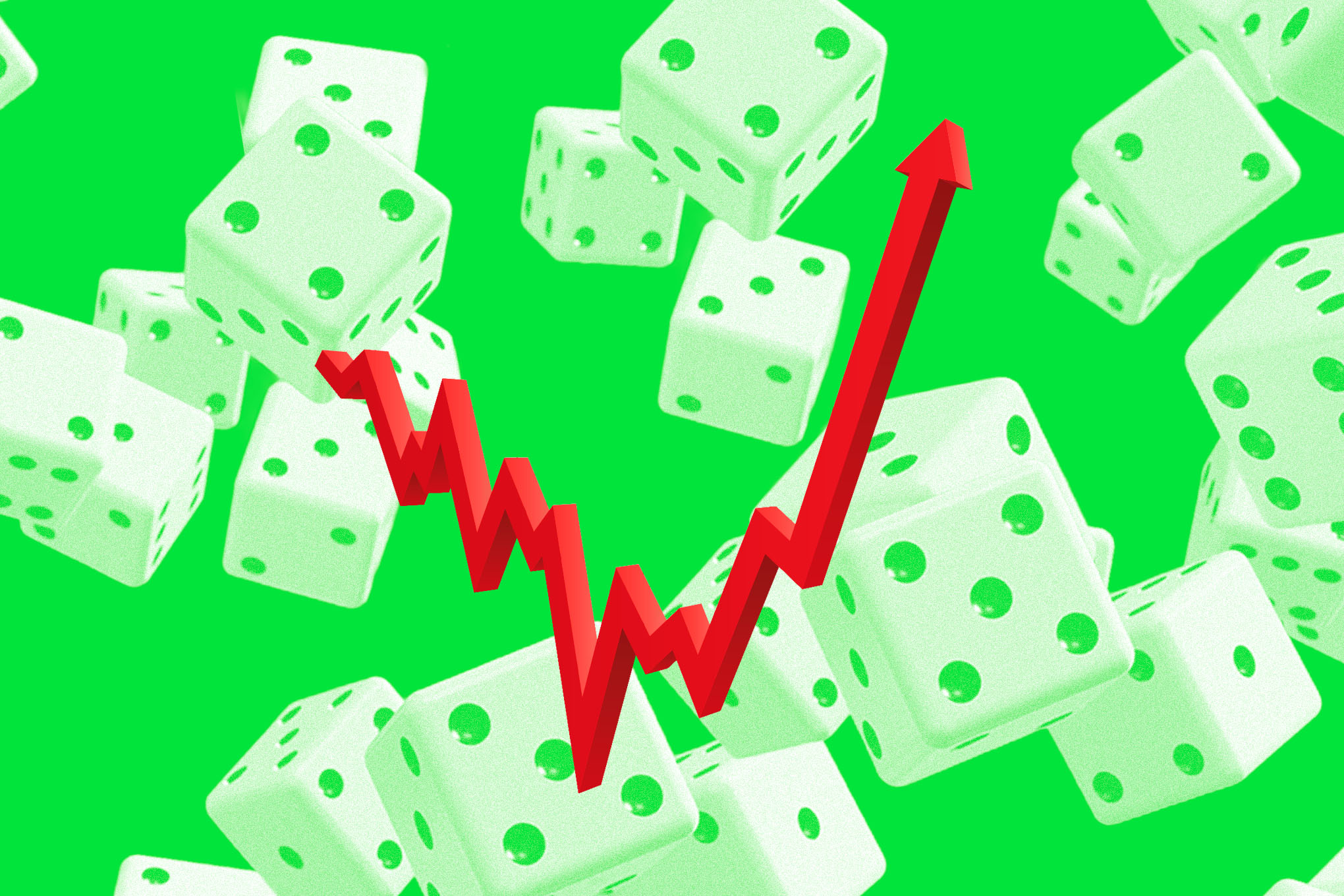Dice floating in mid air behind a big red stock arrow.