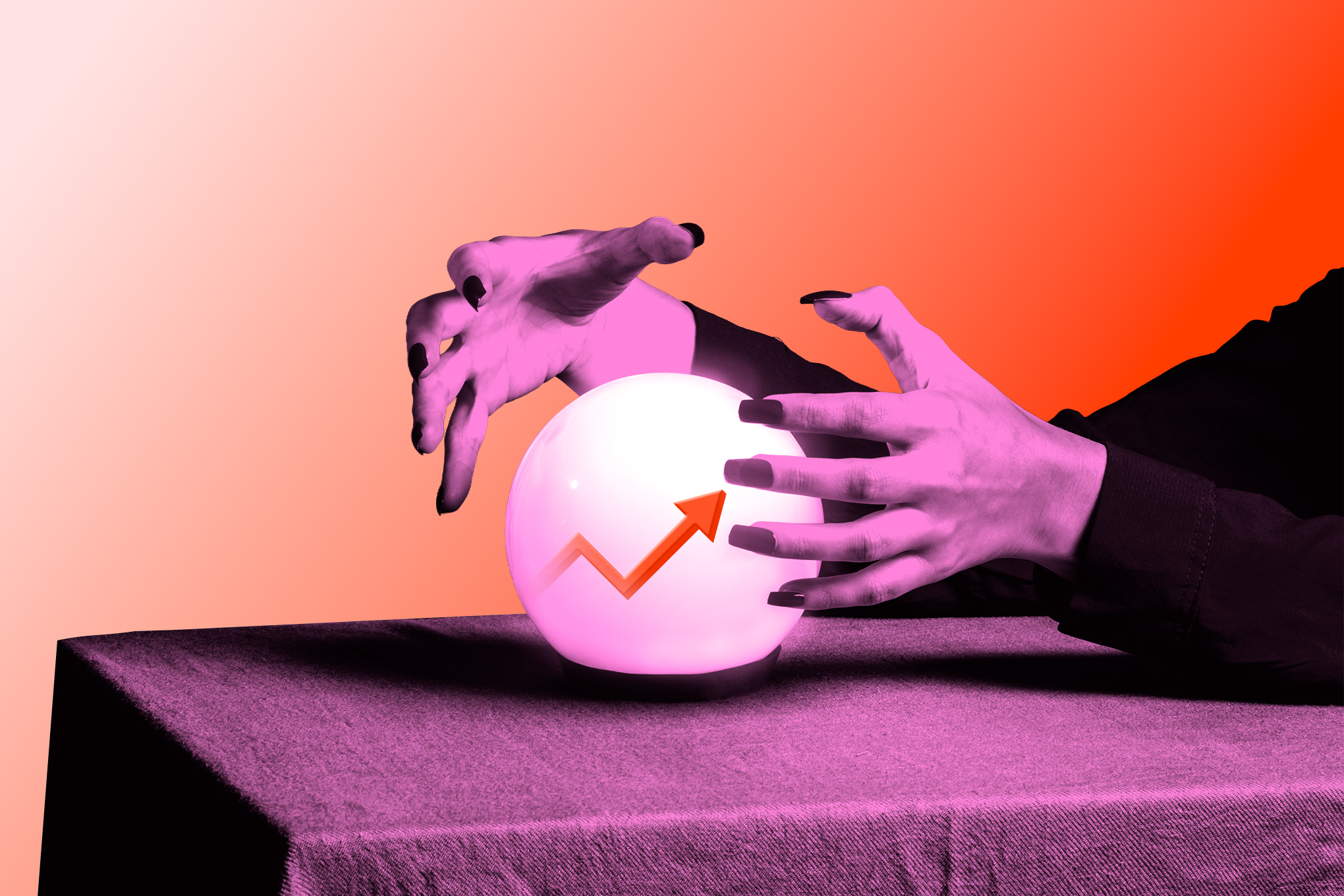 Hands with crystal ball and a big red arrow.