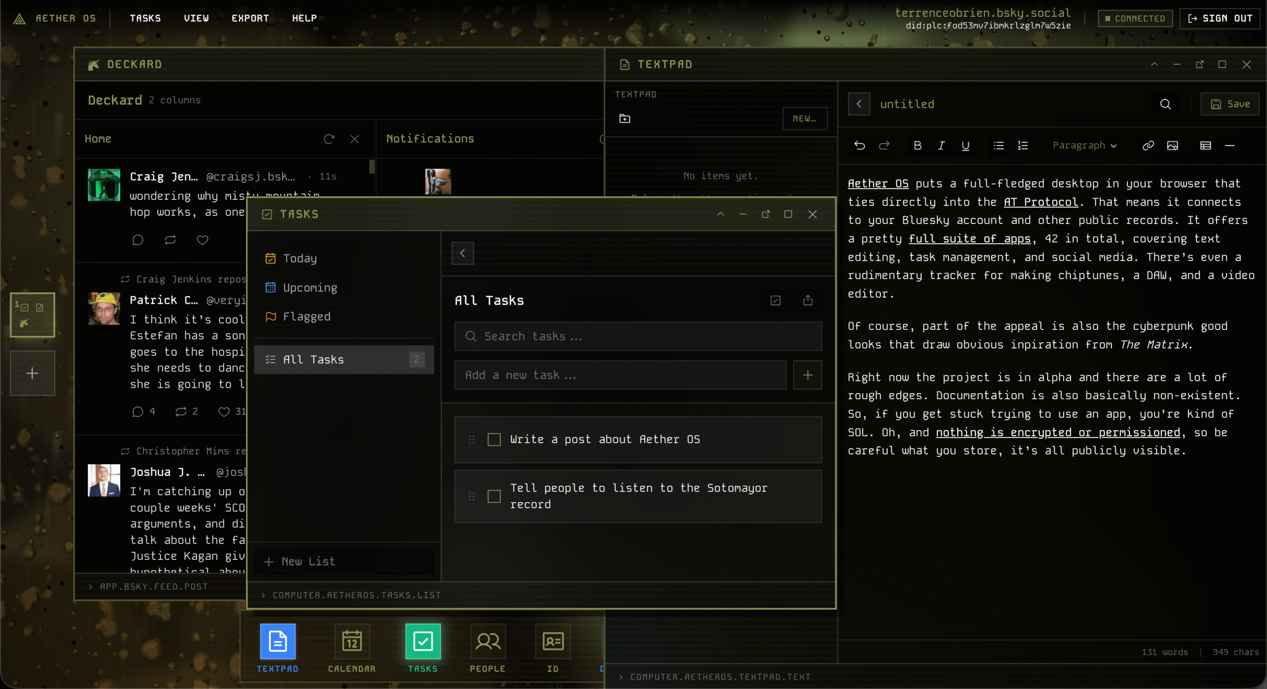 Aether OS desktop showing Deckard Bluesky client, text editor, and todo list.