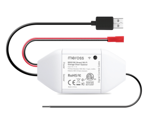 White device labeled Meross with black and red wires coming out