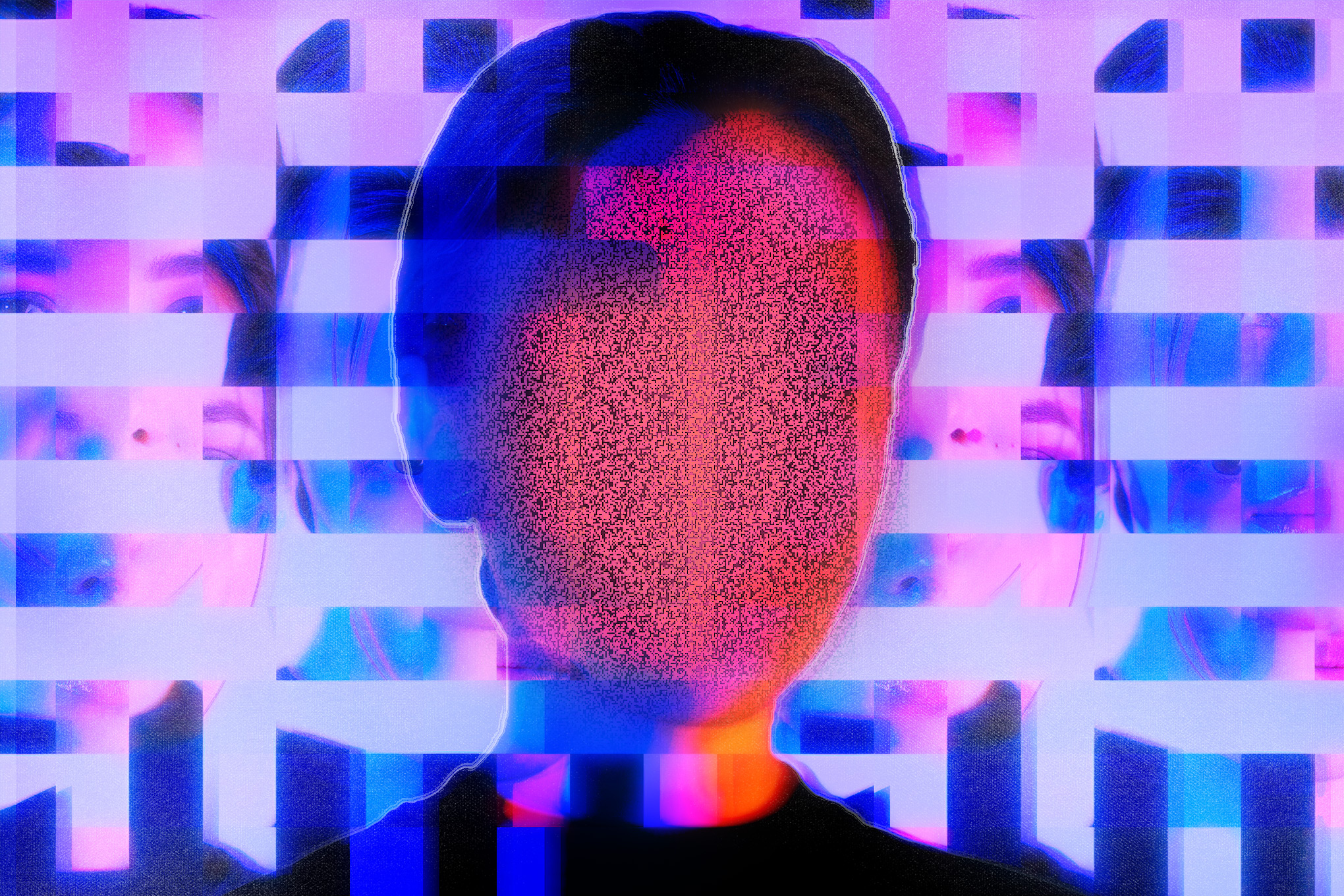 An illustration depicting a featureless face against a pink, white, and blue background.