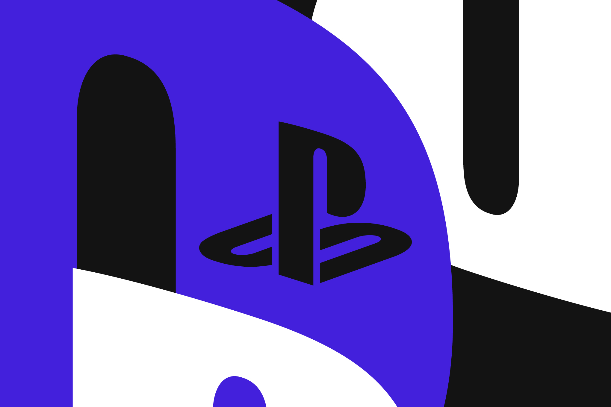 Playstation logo over a collage of purple, black, and white.