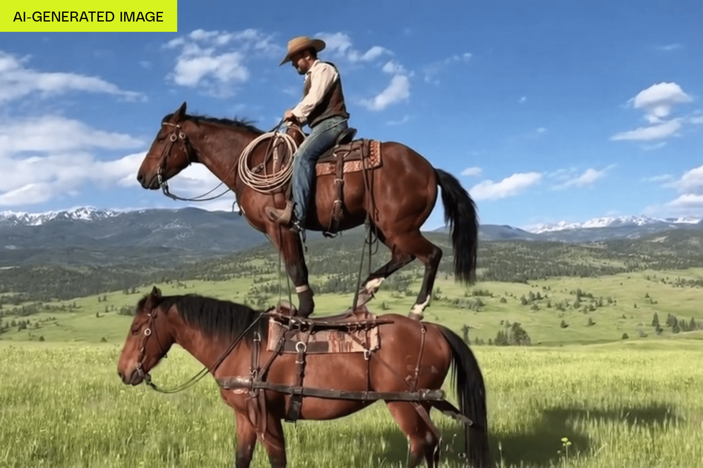Frame from a video generated by Sora 2 showing a cowboy riding a horse on top of another horse