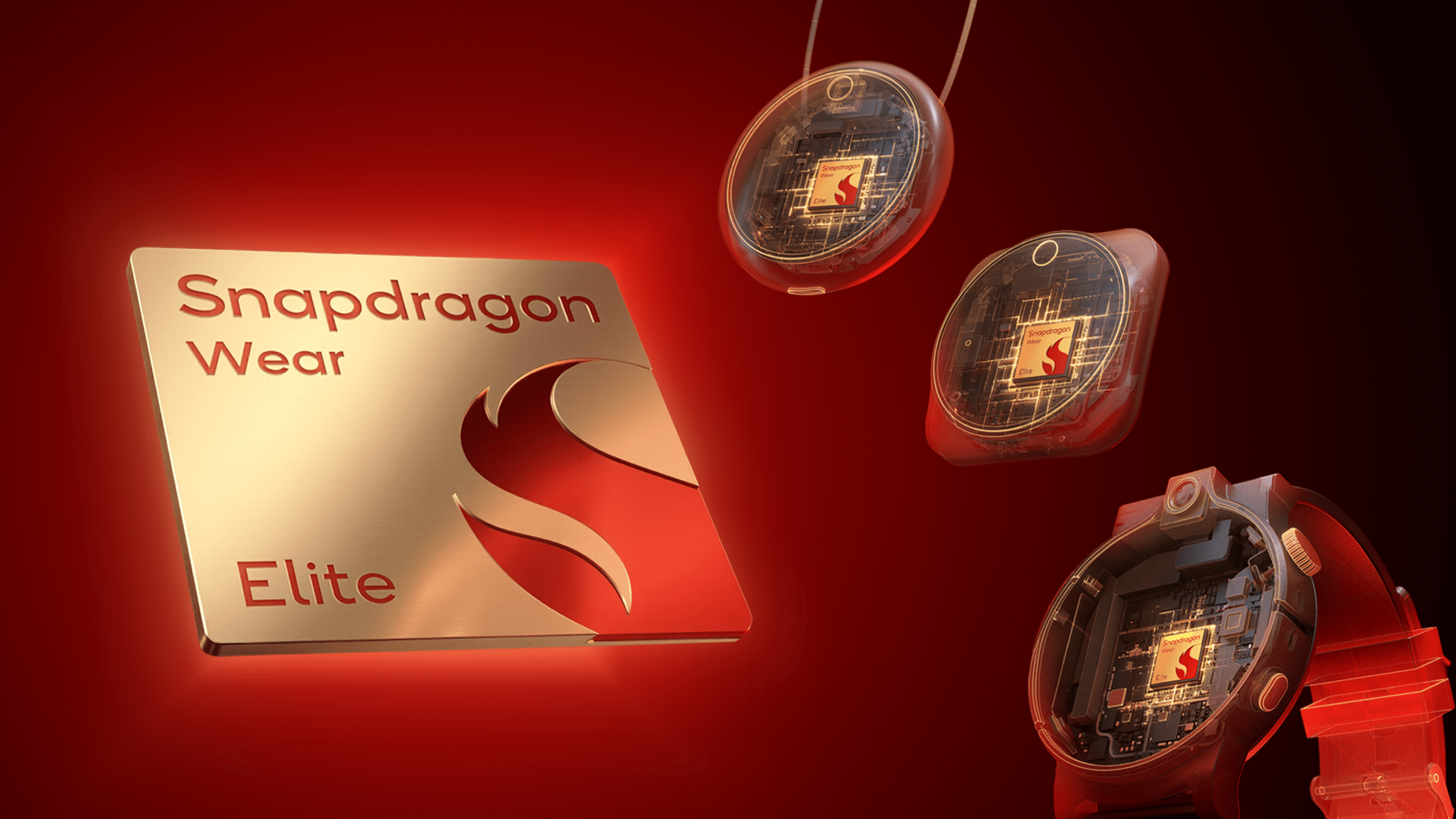 Render of a snapdragon wear elite chip next to various wearable devices, including a pendant, pin, and smartwatch.