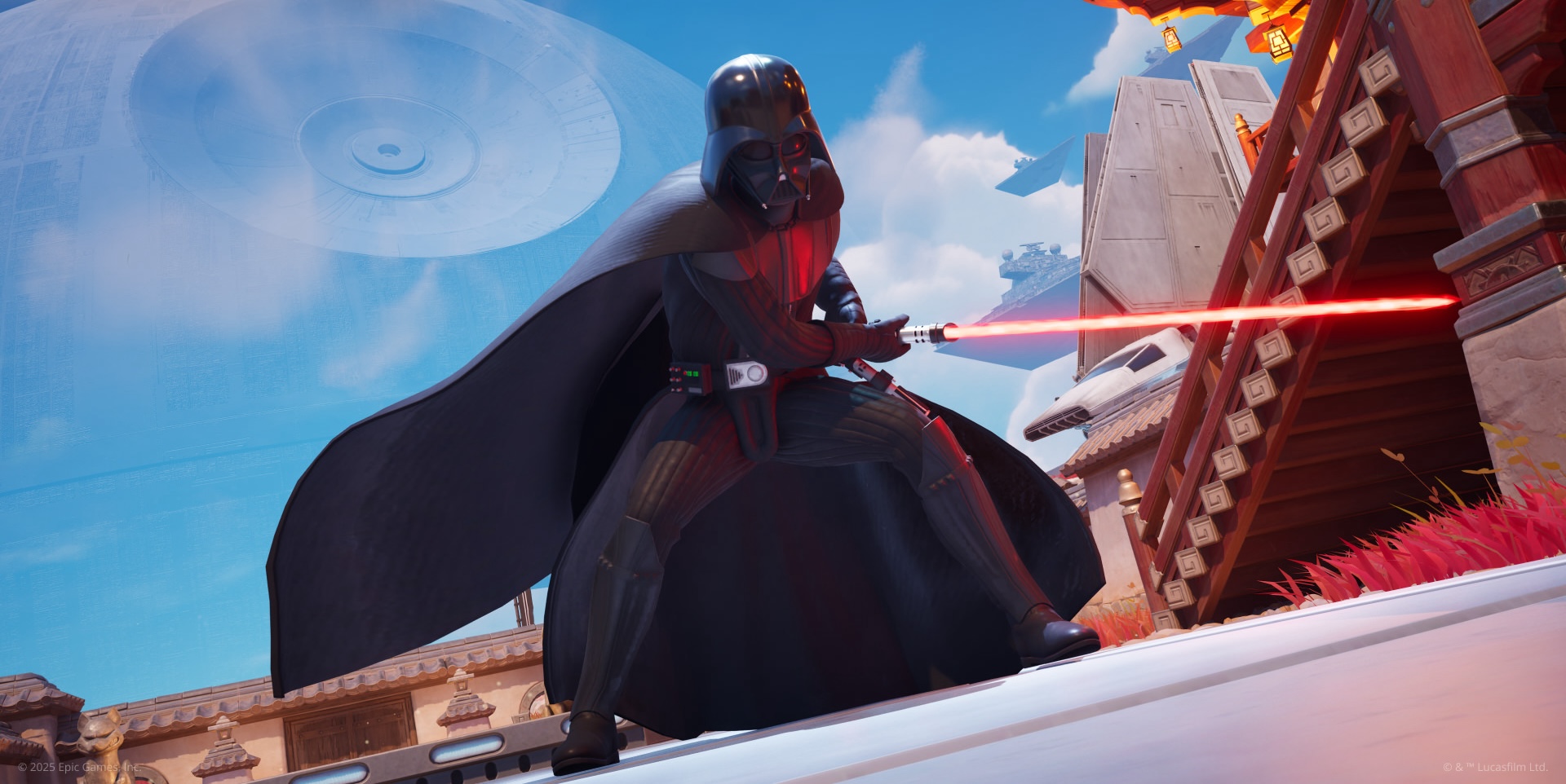 Darth Vader in his classic black suit with cape and helmet. Vader is holding his right lightsaber and slashing it towards the viewer.
