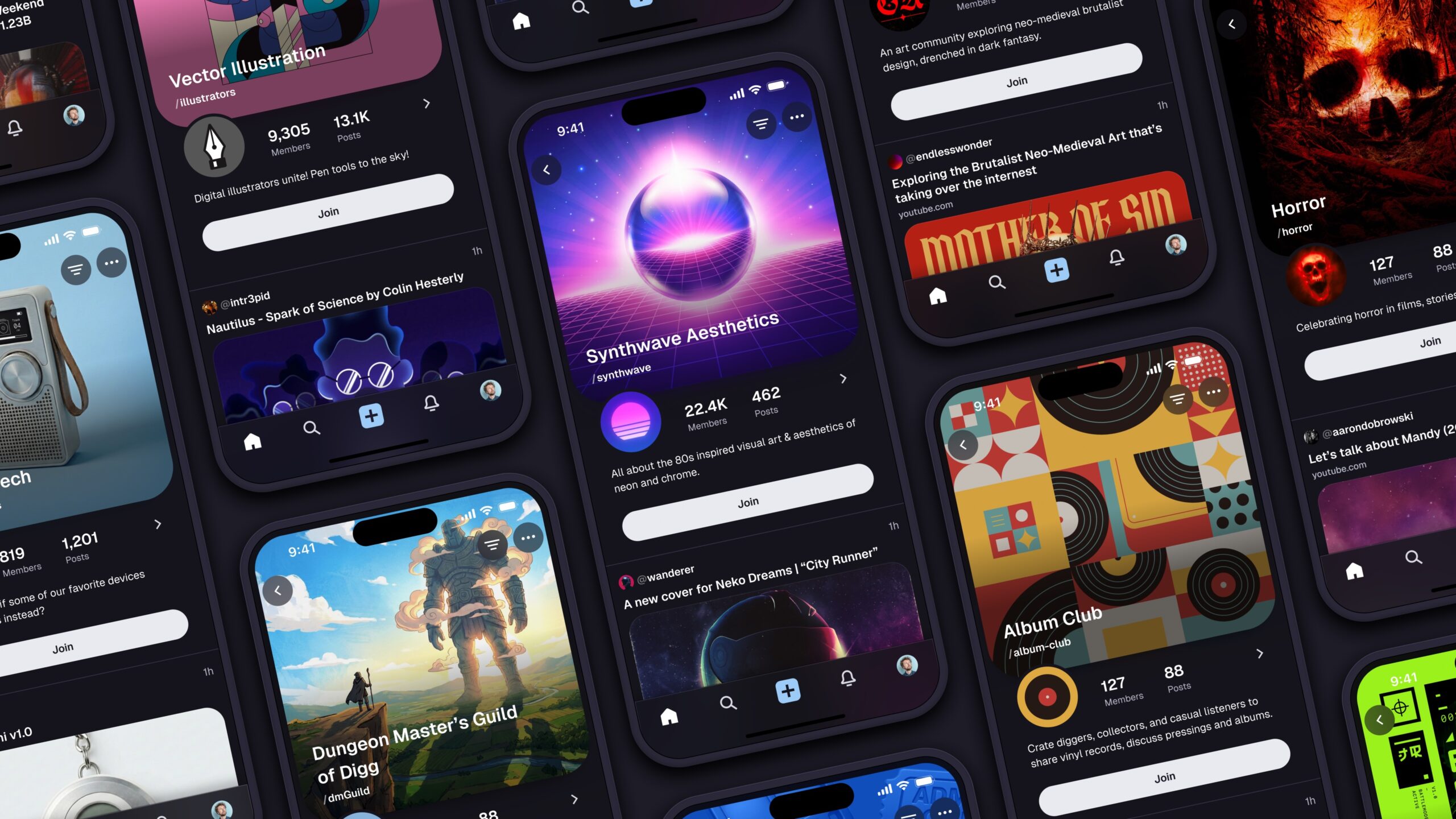 Array of screen shots of Digg on simulated mobile screens