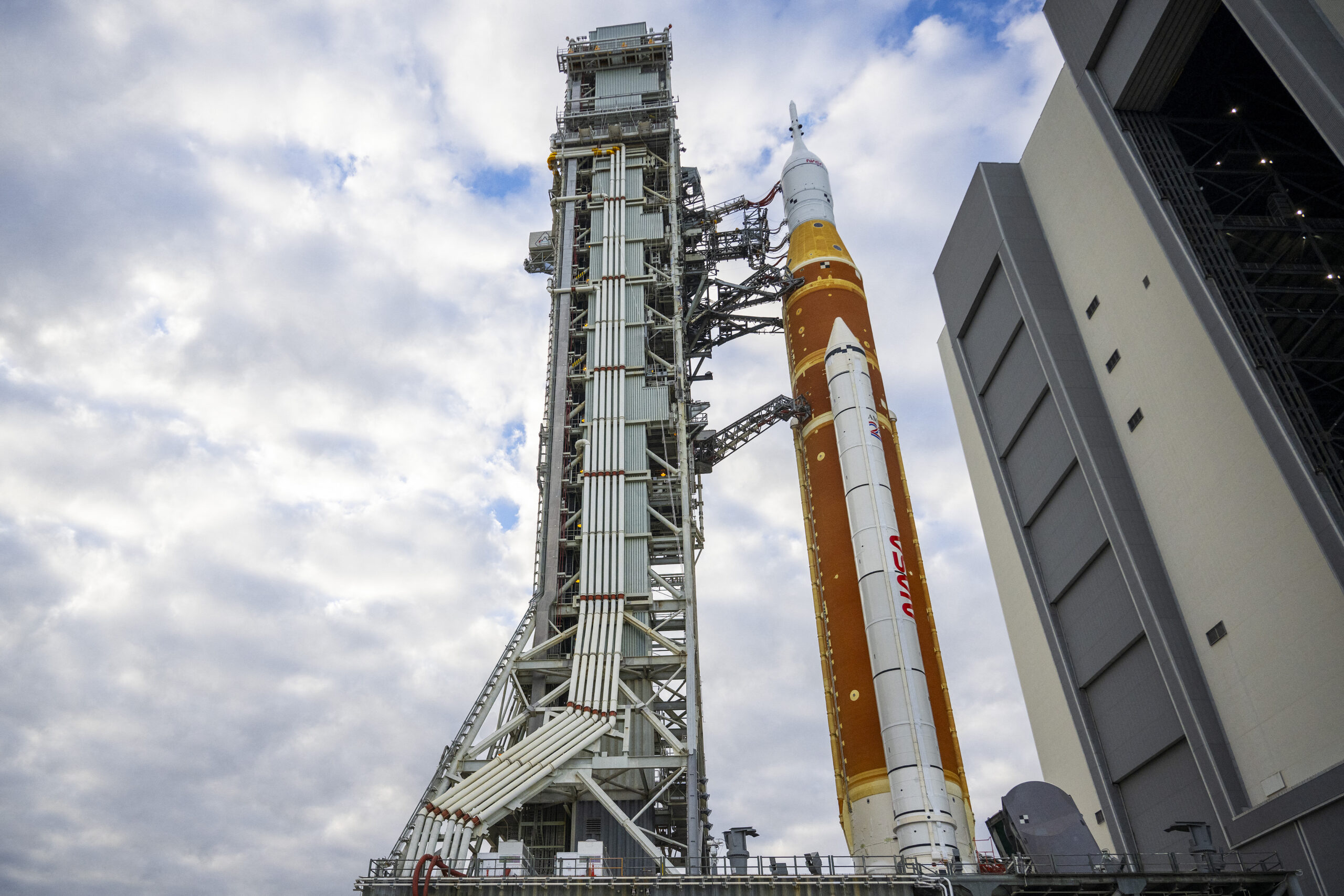 A photo of NASA's Artemis II Space Launch System rocket and Orion spacecraft.